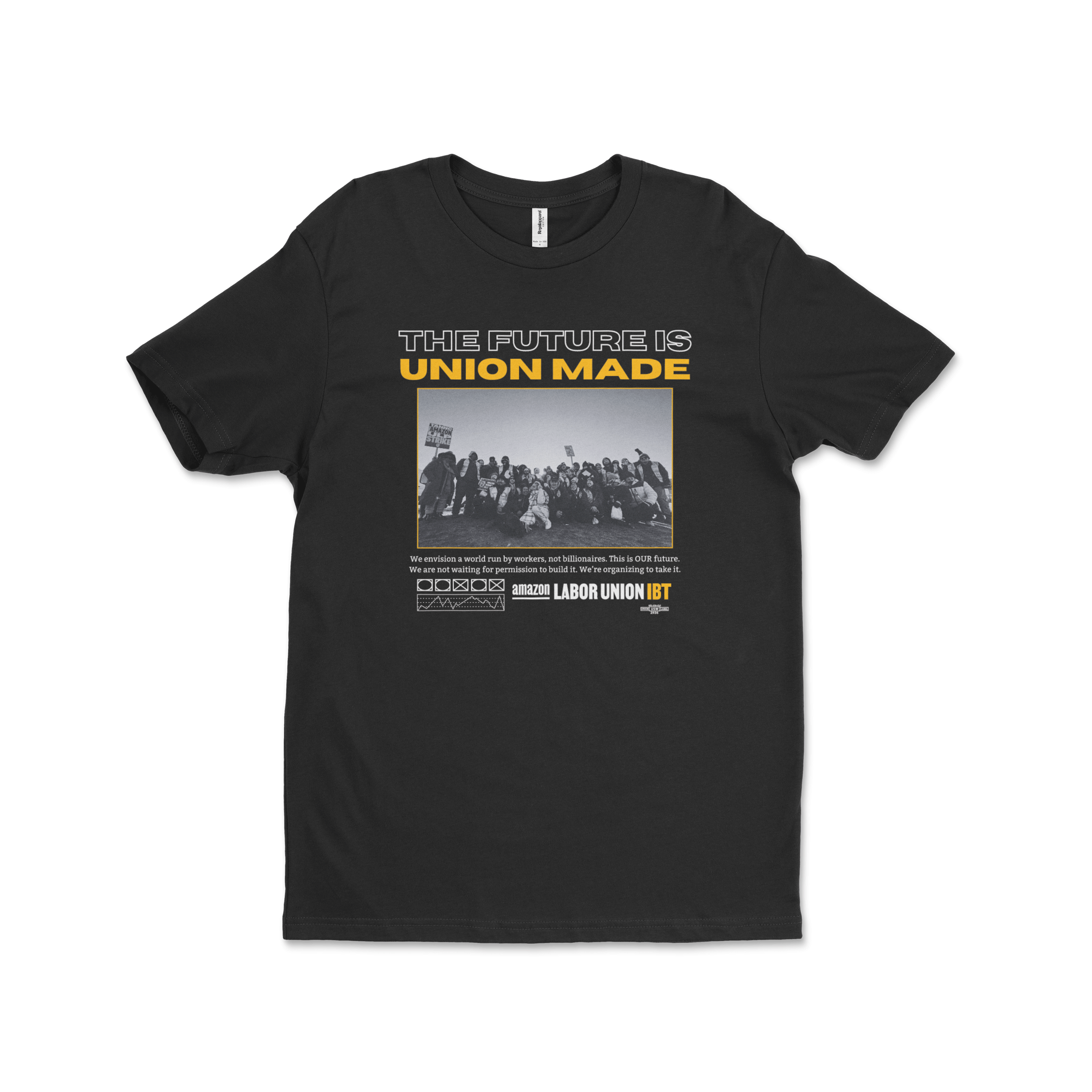 Black t-shirt with 'The Future is Union Made' graphic on a white background