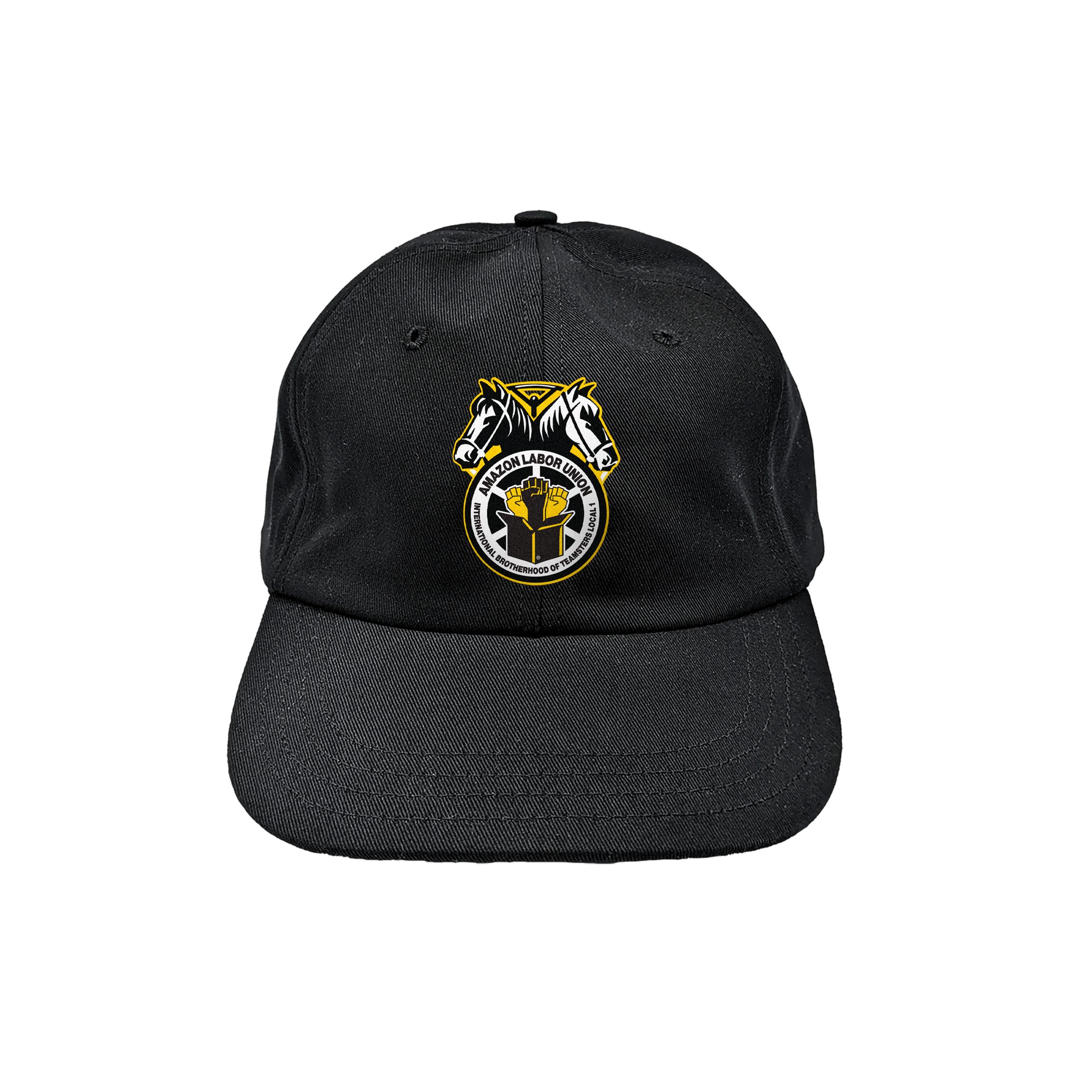 Black cap with a yellow and white logo on a white background