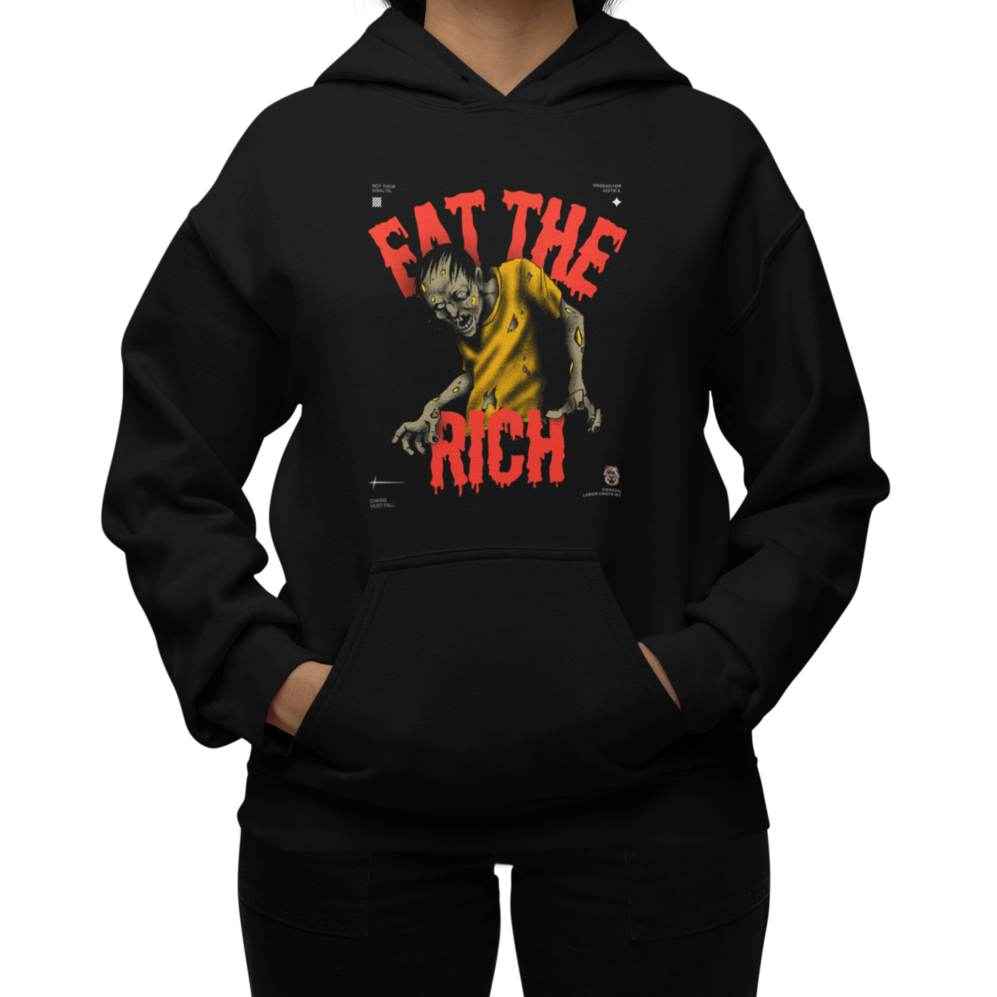 Black hoodie with graphic design and text on a white background
