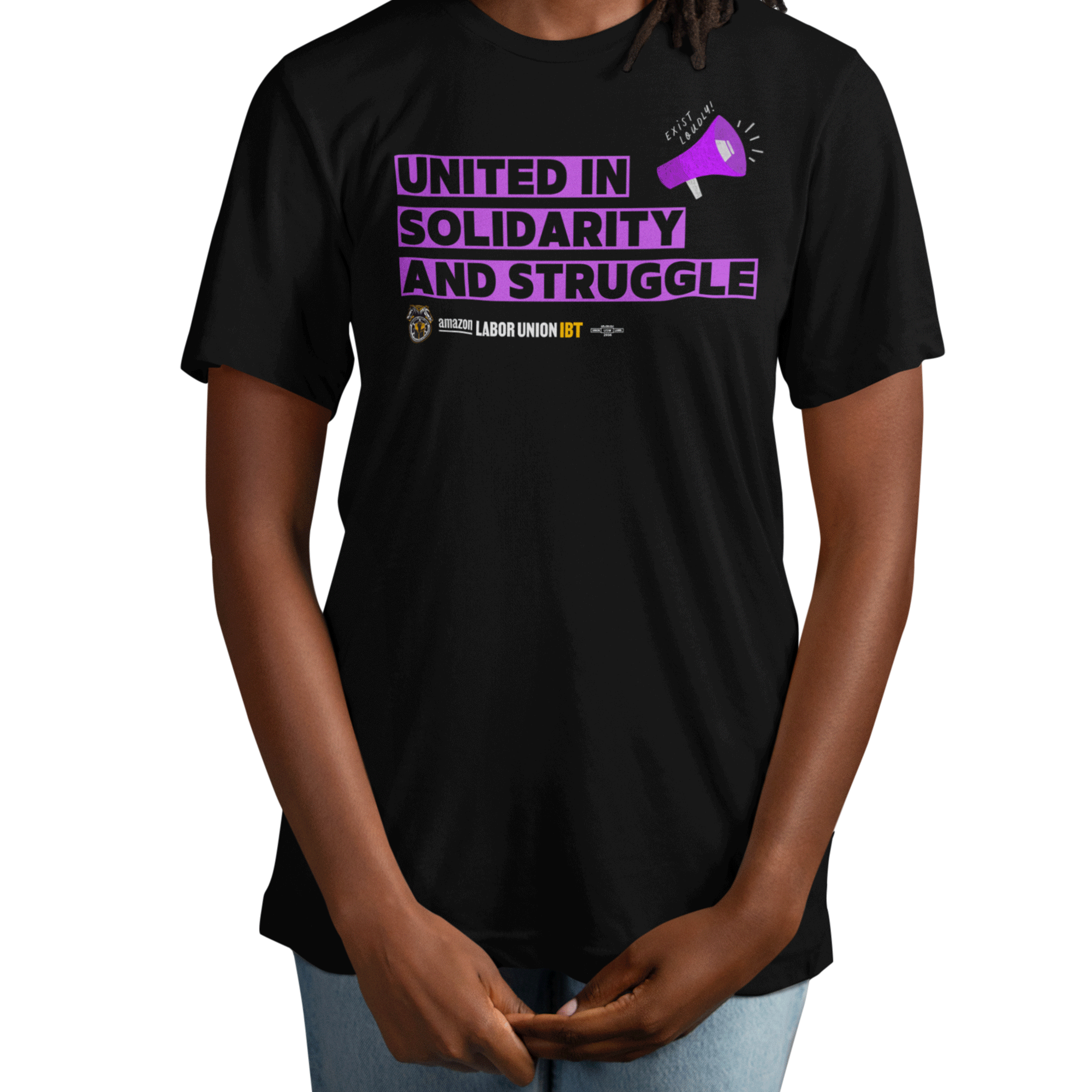 Black t-shirt with purple text 'UNITED IN SOLIDARITY AND STRUGGLE' worn by a person on a white background