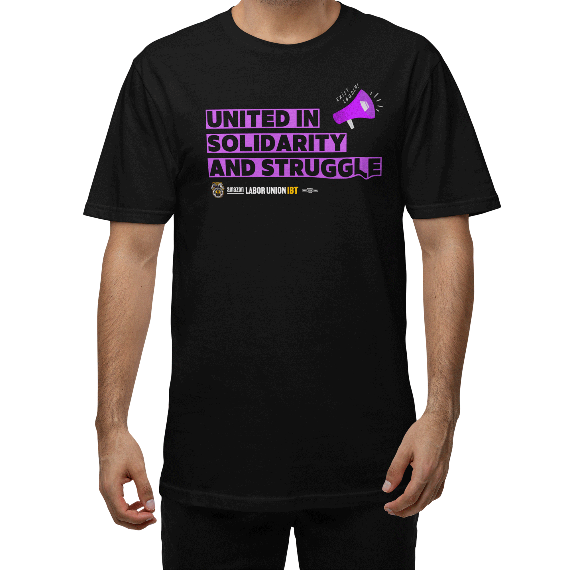 Black t-shirt with purple text 'UNITED IN SOLIDARITY AND STRUGGLE' on a white background