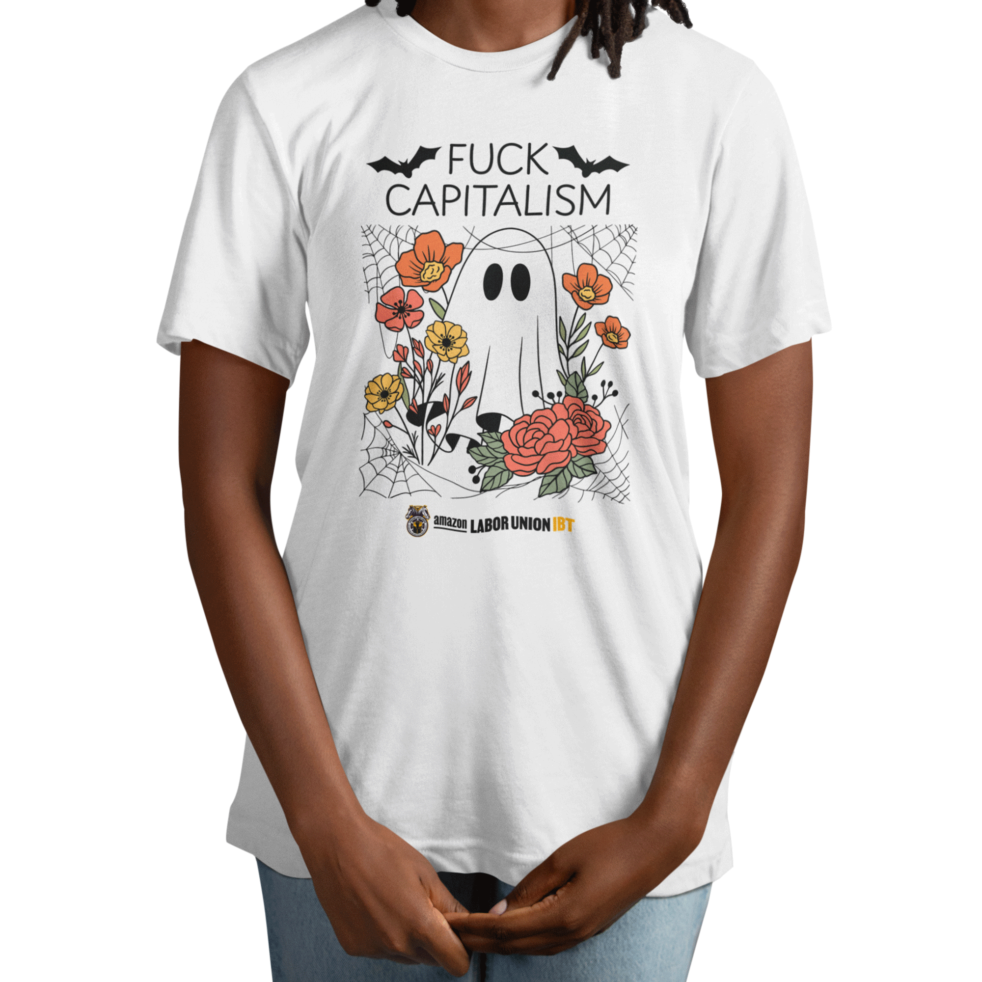 White t-shirt with a graphic design featuring flowers and text on a white background