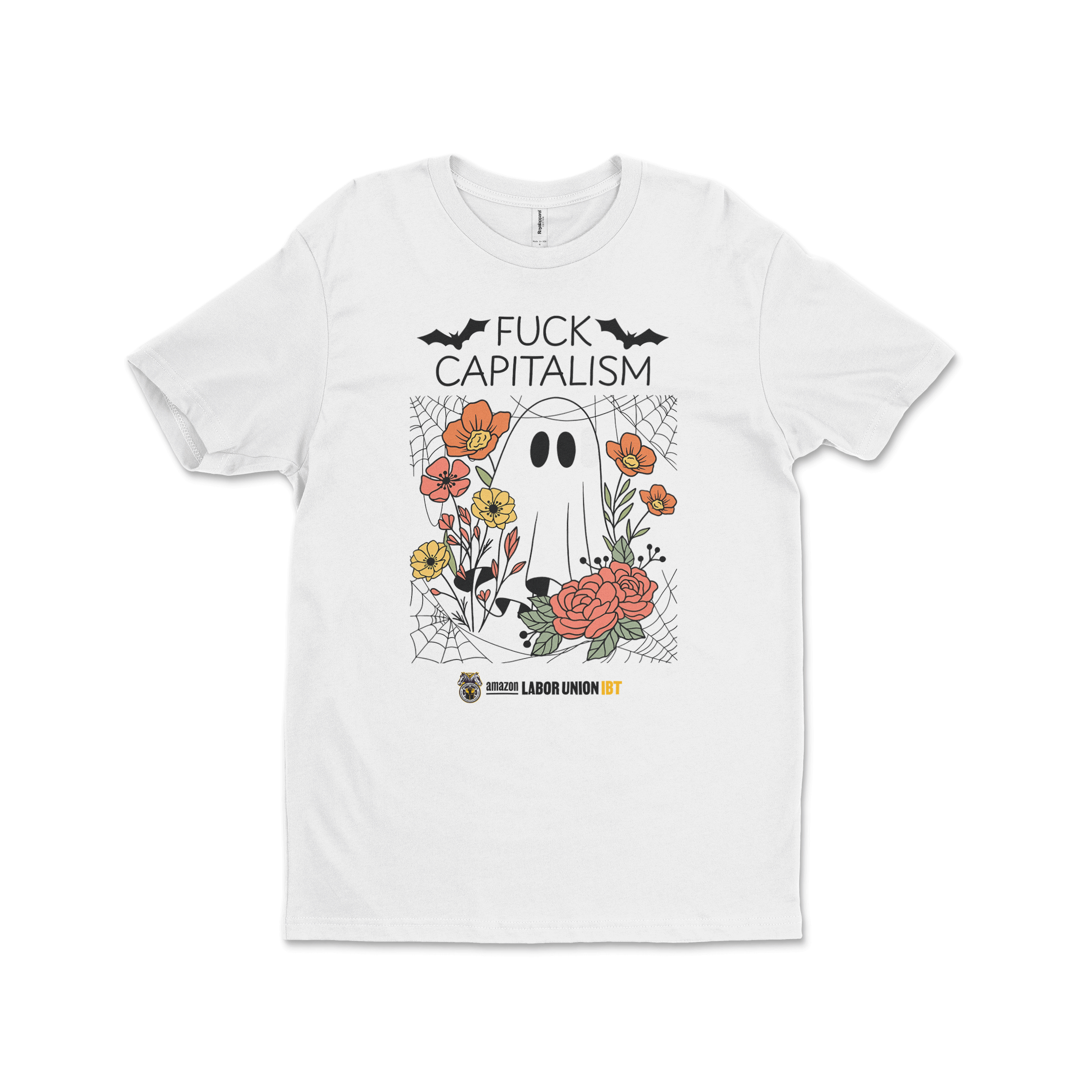 White t-shirt with a graphic design featuring a ghost, flowers, and text on a white background