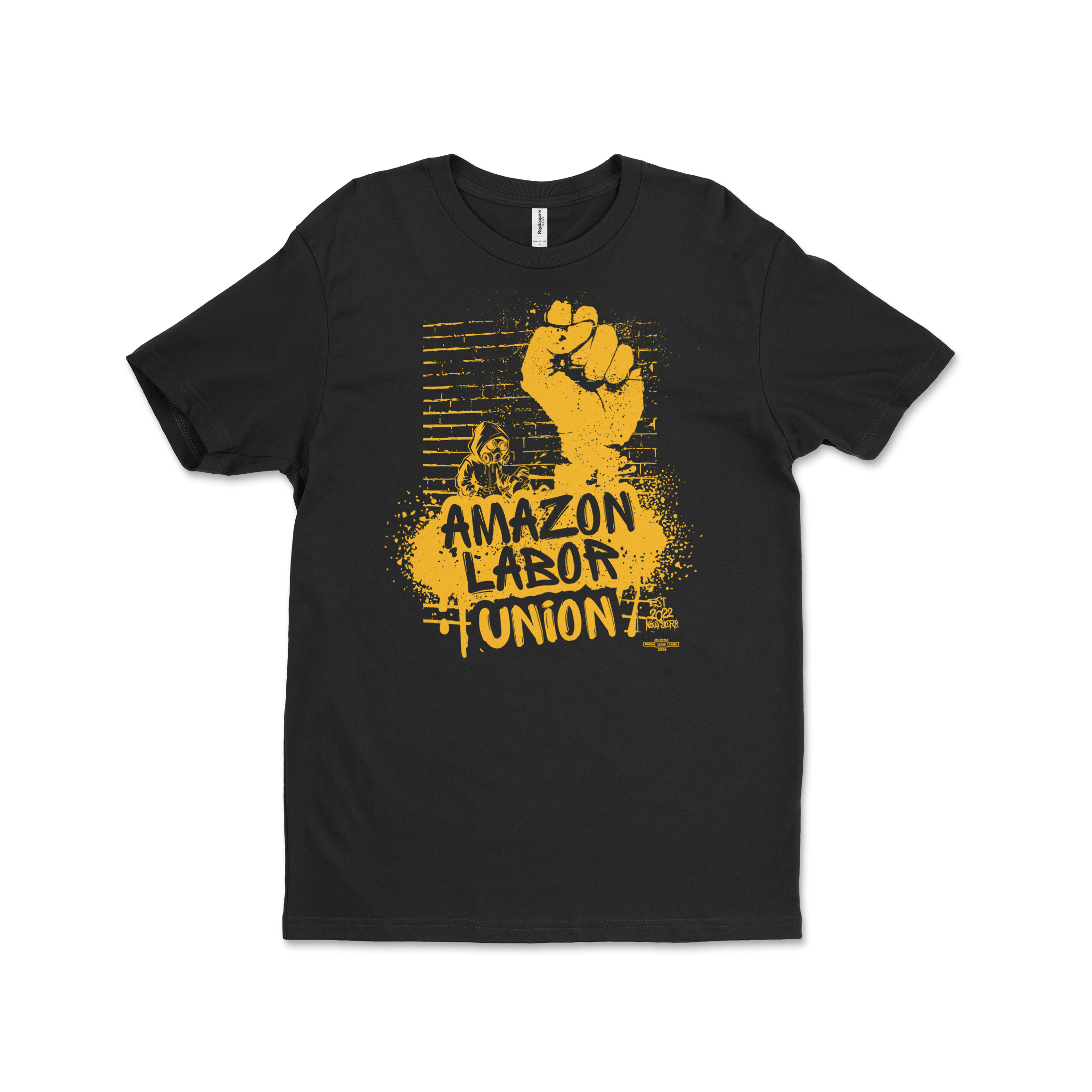 Black t-shirt with yellow graphic of a raised fist and 'Amazon Labor Union' text on a white background