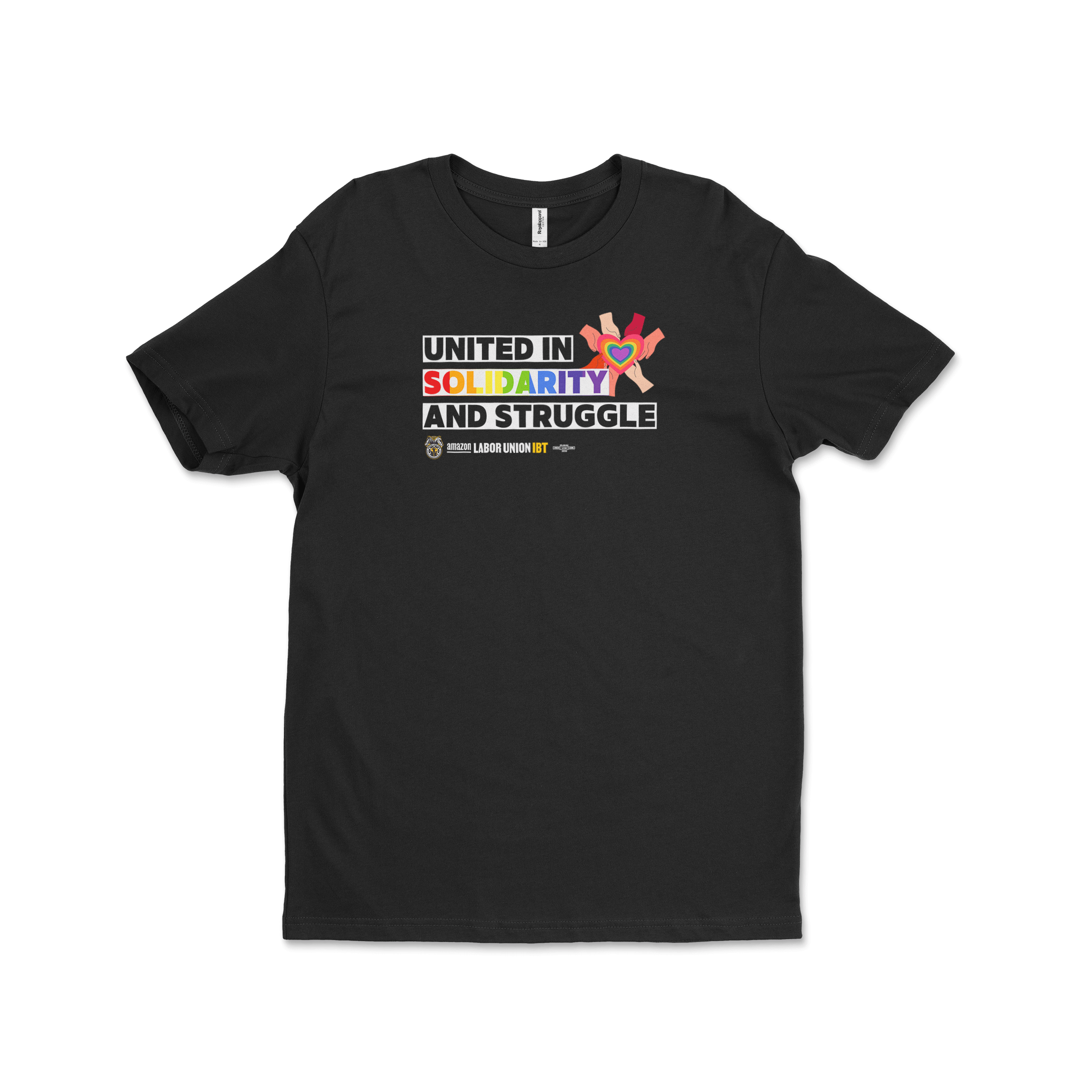 Black t-shirt with colorful graphic and text on a white background