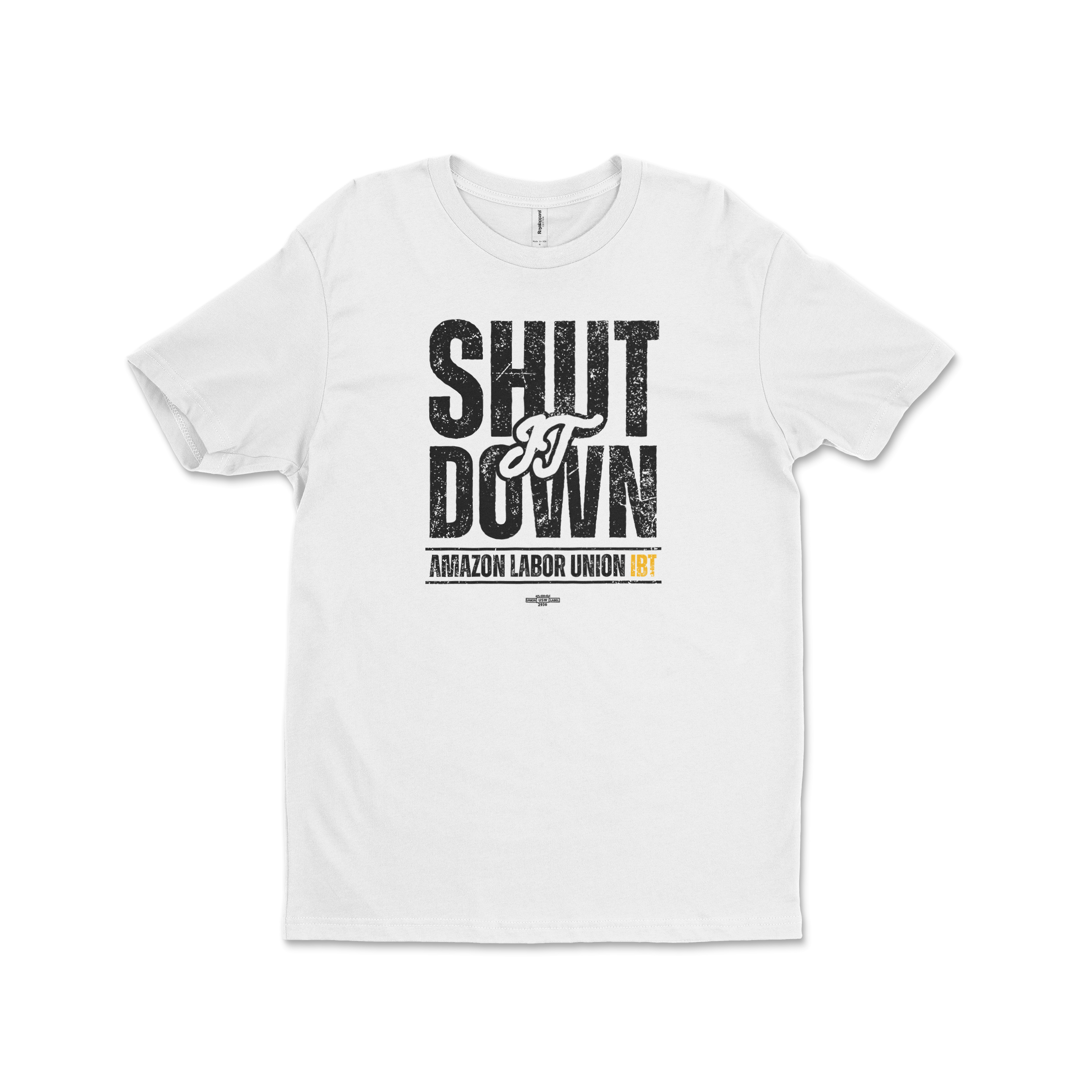 White t-shirt with 'SHUT IT DOWN' text and Amazon Labor Union logo on a white background