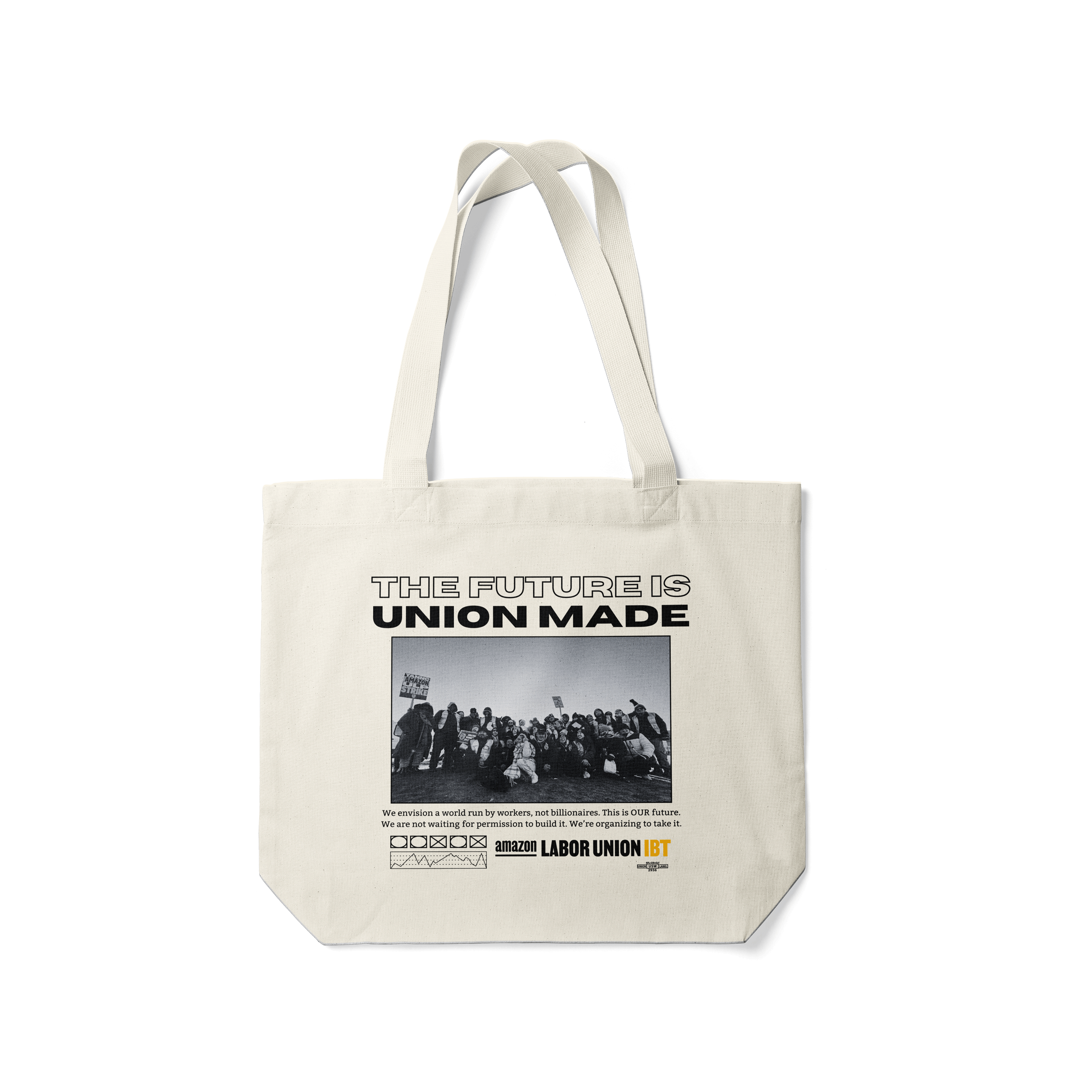 Tote bag with 'The Future is Union Made' text and labor union graphic on a white background