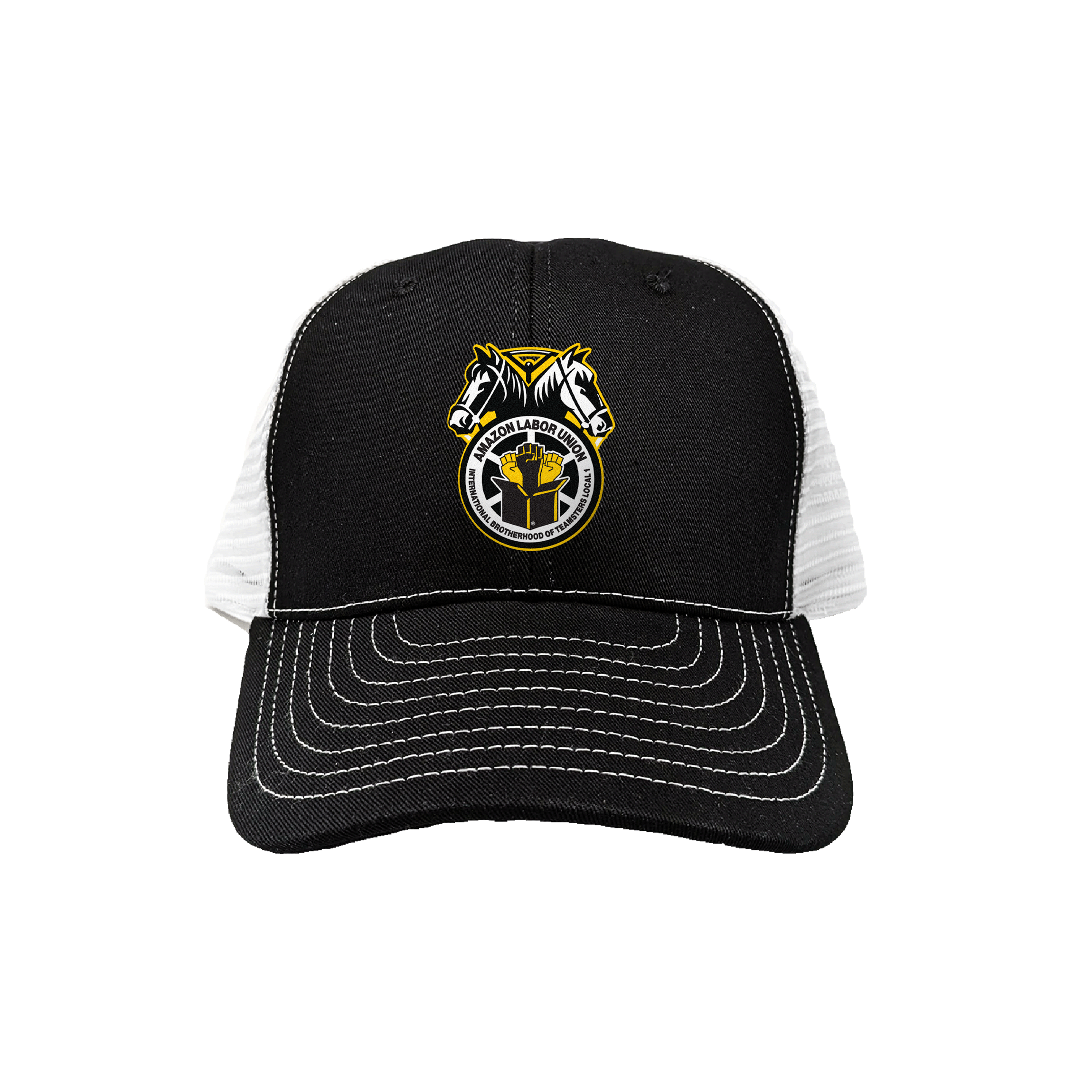 Black and white cap with a logo on a white background