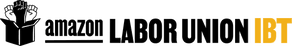 Logo with text 'Amazon Labor Union IBT' featuring a black box with raised fists and a yellow 'IBT' 