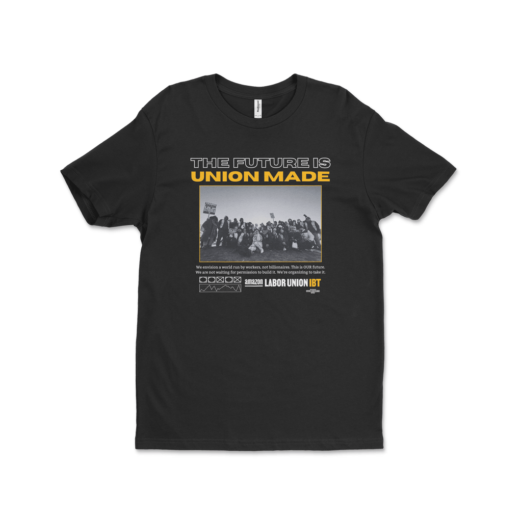 Black t-shirt with 'The Future is Union Made' graphic on a white background