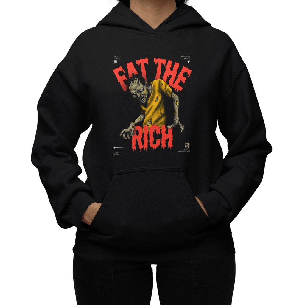 Black hoodie with graphic design and text on a white background