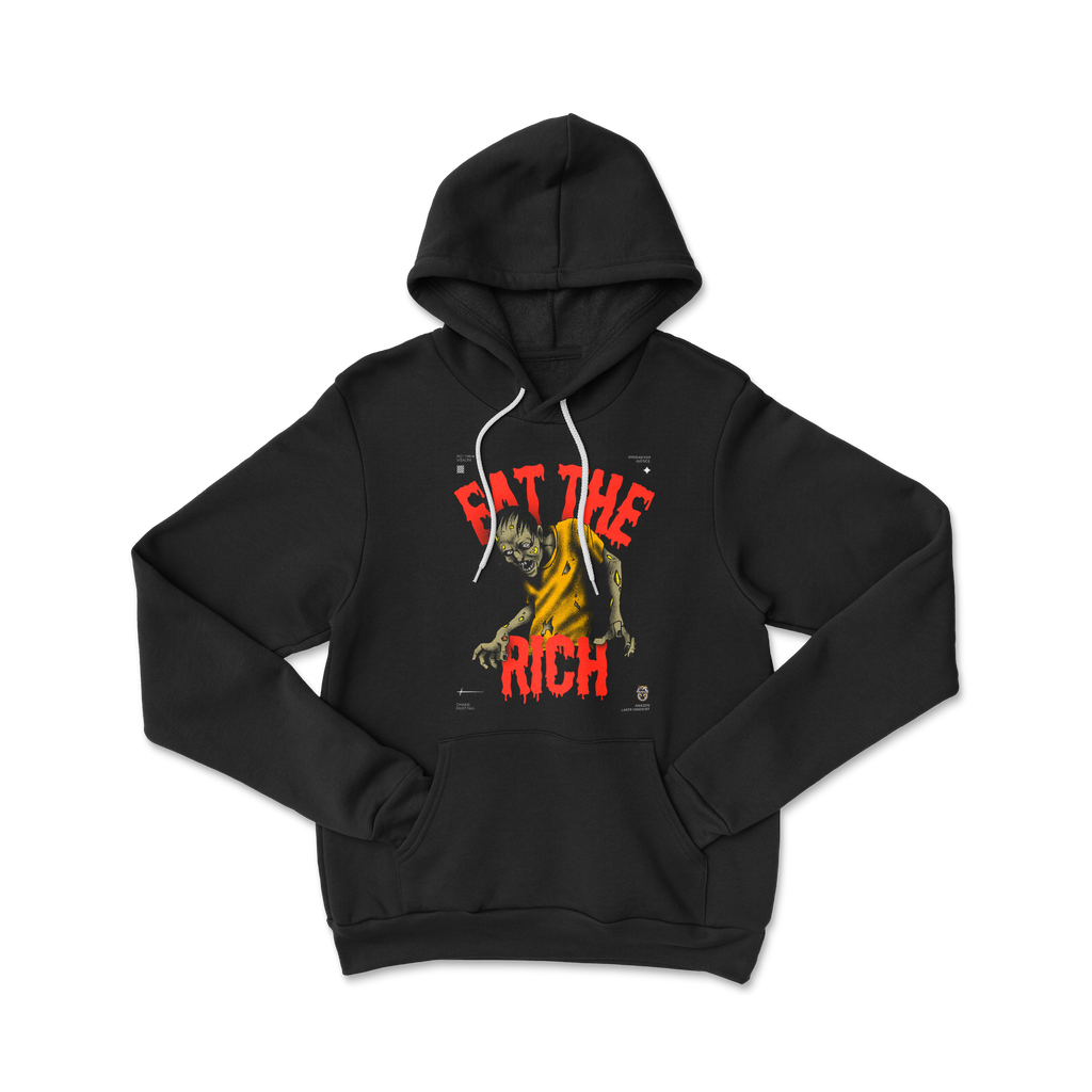 Black hoodie with graphic design and text on a white background