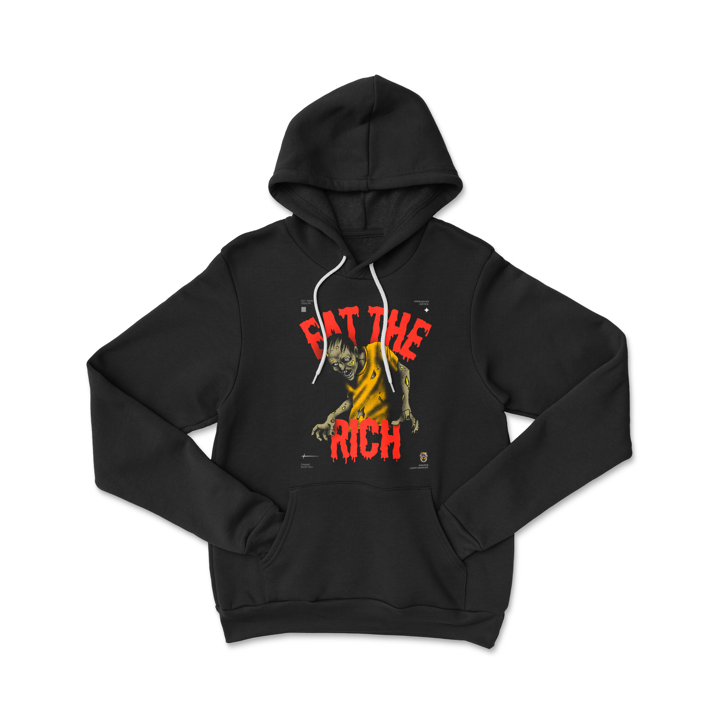 Black hoodie with graphic design and text on a white background
