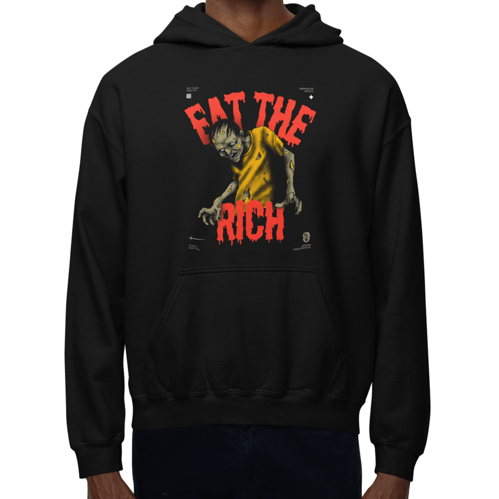 Black hoodie with graphic design and text 'Fat the Rich' on a white background
