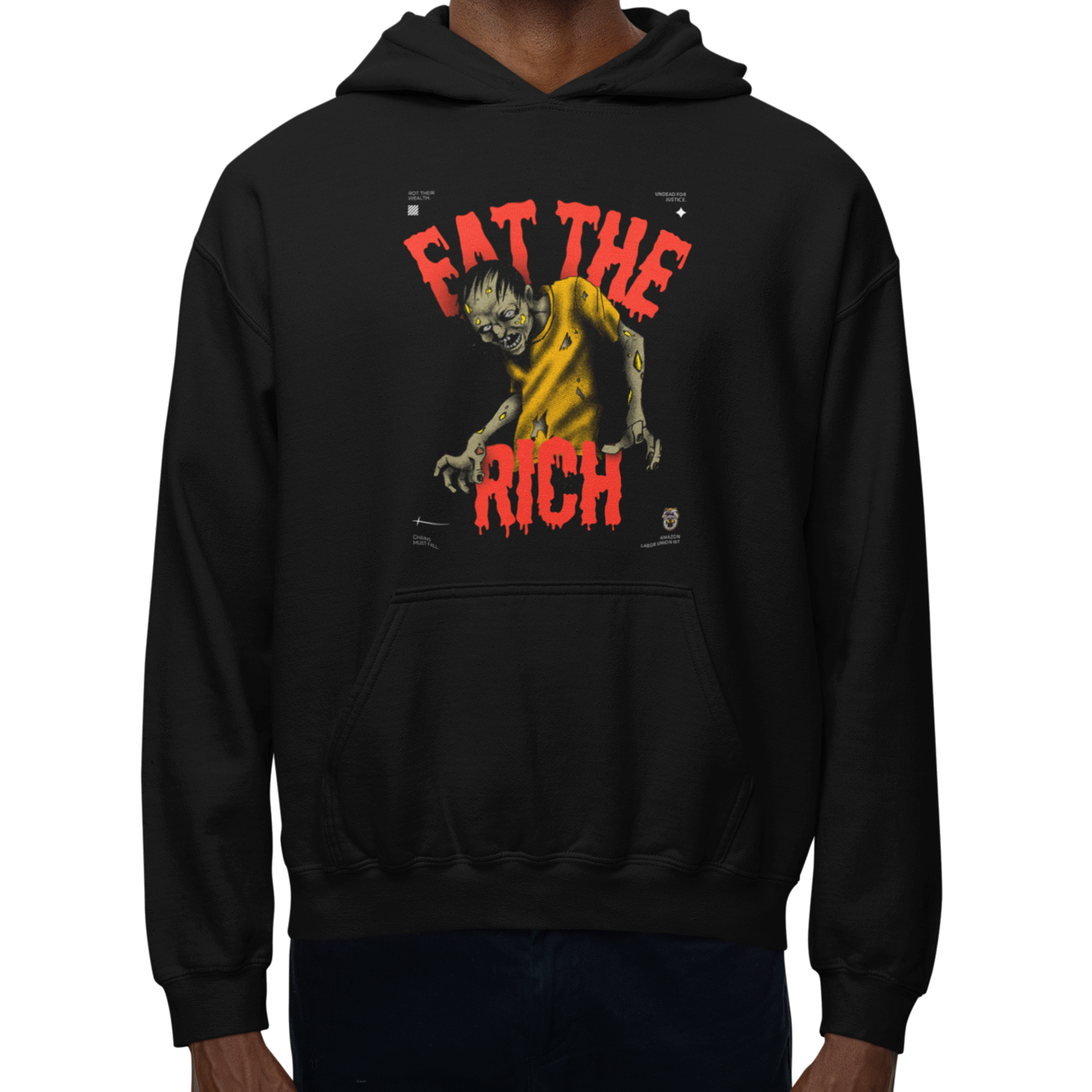 Black hoodie with graphic design and text 'Fat the Rich' on a white background