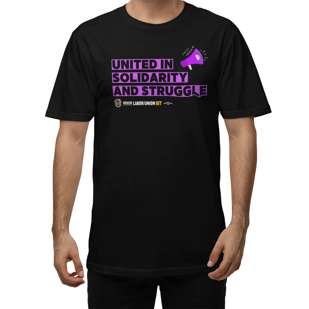 Black t-shirt with purple text 'UNITED IN SOLIDARITY AND STRUGGLE' on a white background