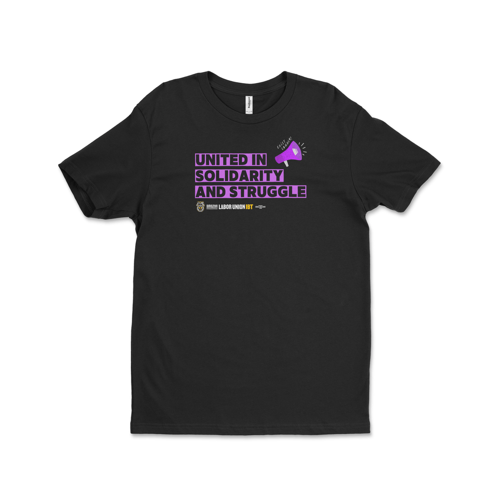 Black t-shirt with purple text and graphic on a white background