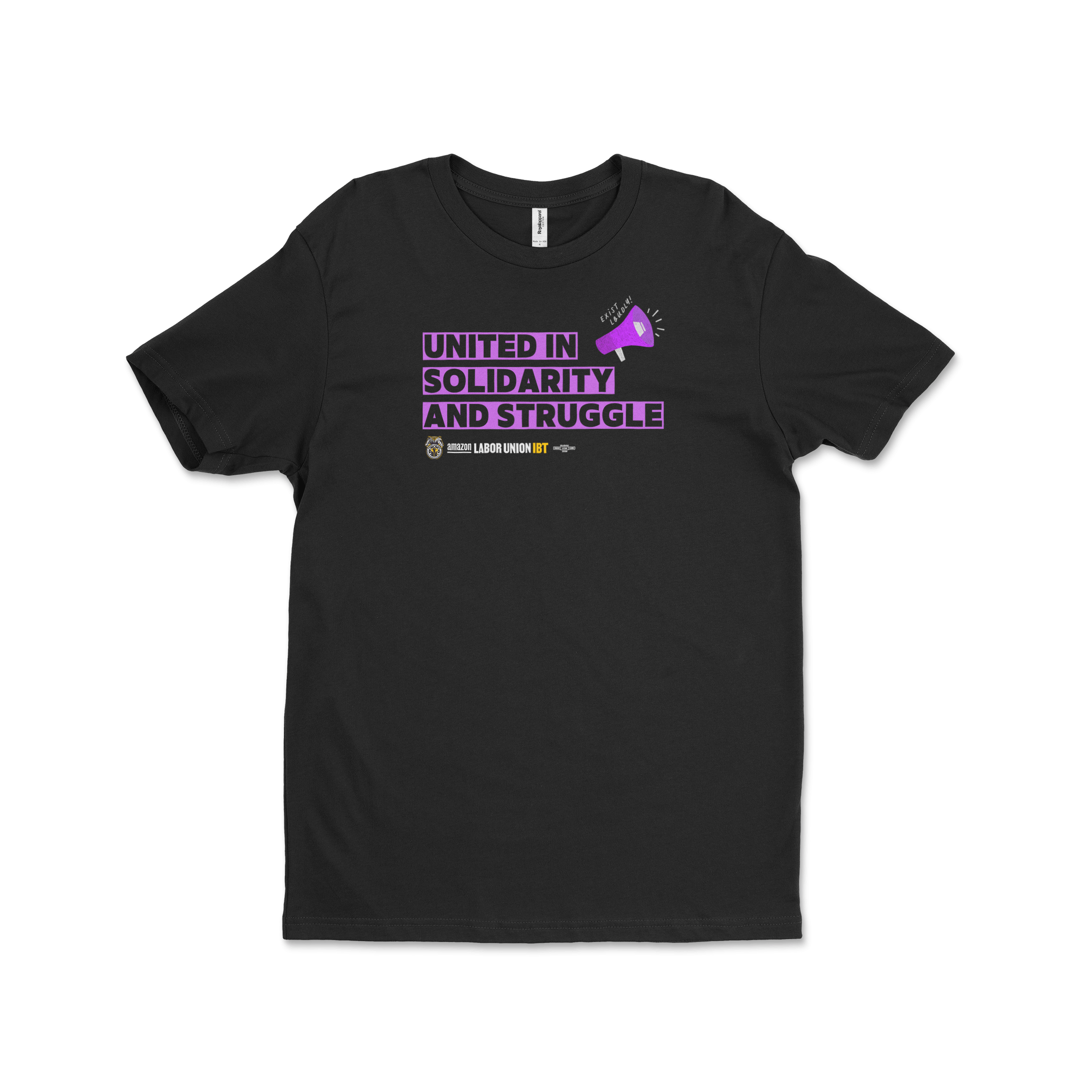 Black t-shirt with purple text and graphic on a white background