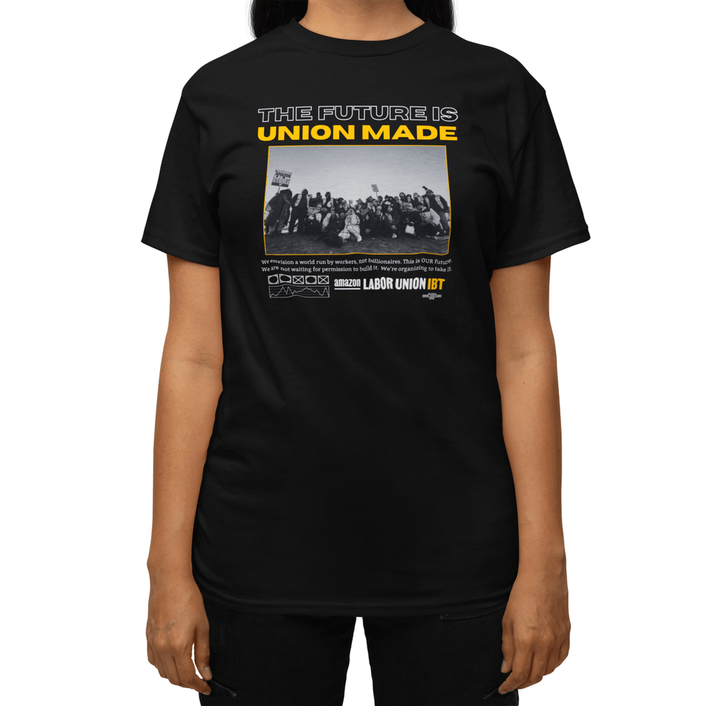 Black t-shirt with 'The Future is Union Made' text and graphic on a white background