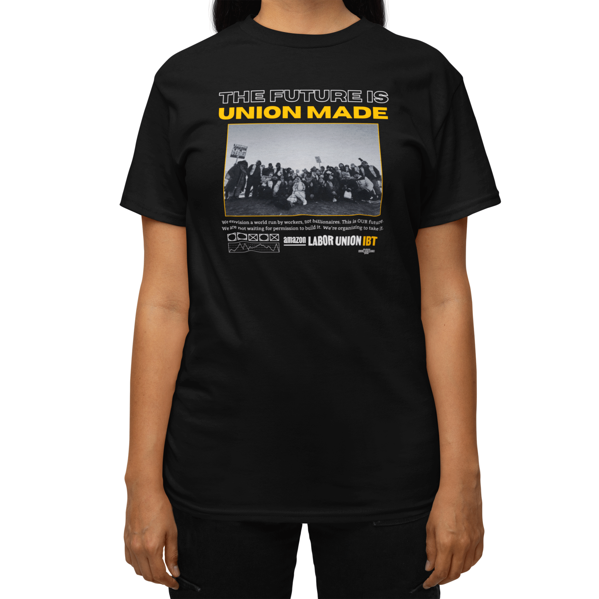 Black t-shirt with 'The Future is Union Made' text and graphic on a white background