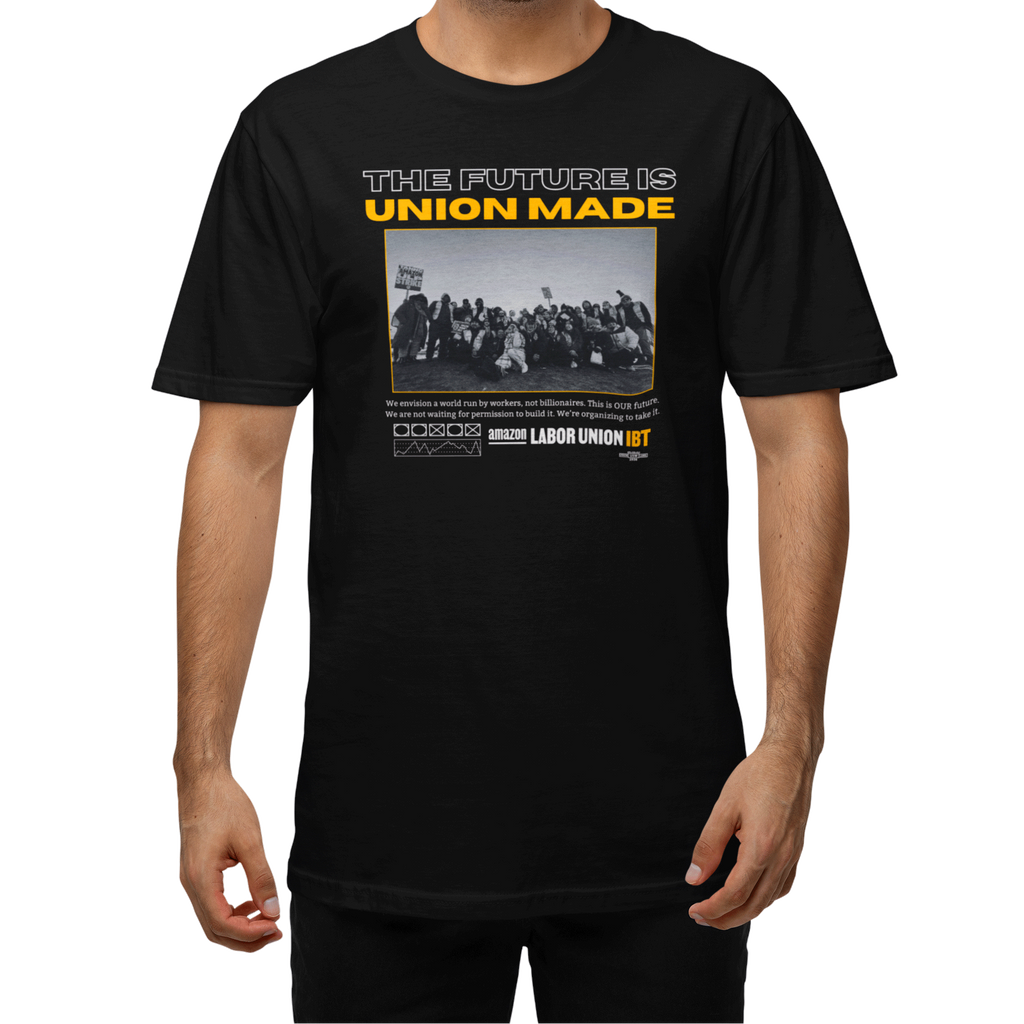 Black t-shirt with 'The Future is Union Made' text and graphic on a white background