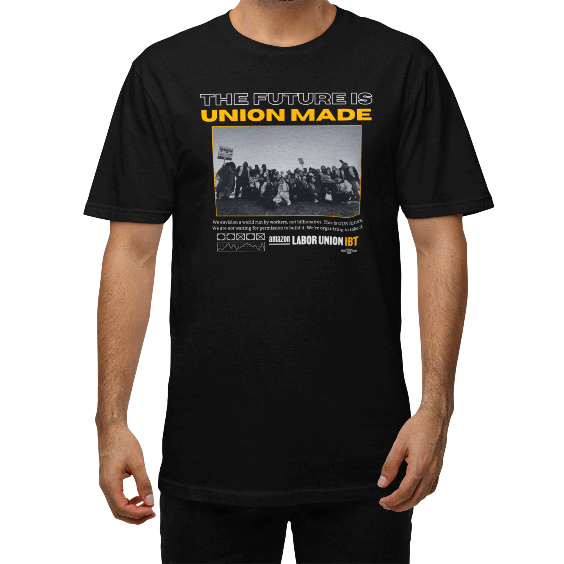 Black t-shirt with 'The Future is Union Made' text and graphic on a white background