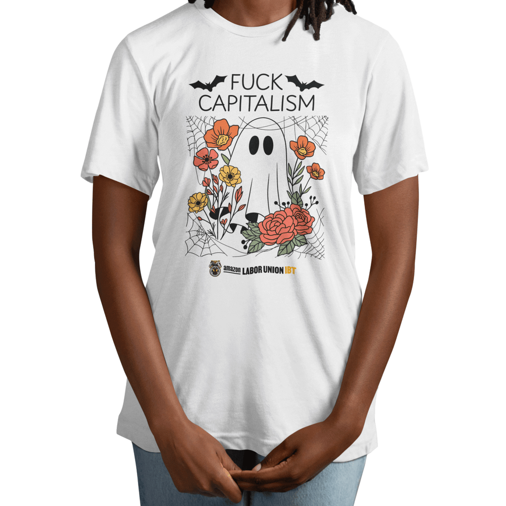 White t-shirt with a graphic design featuring flowers and text on a white background