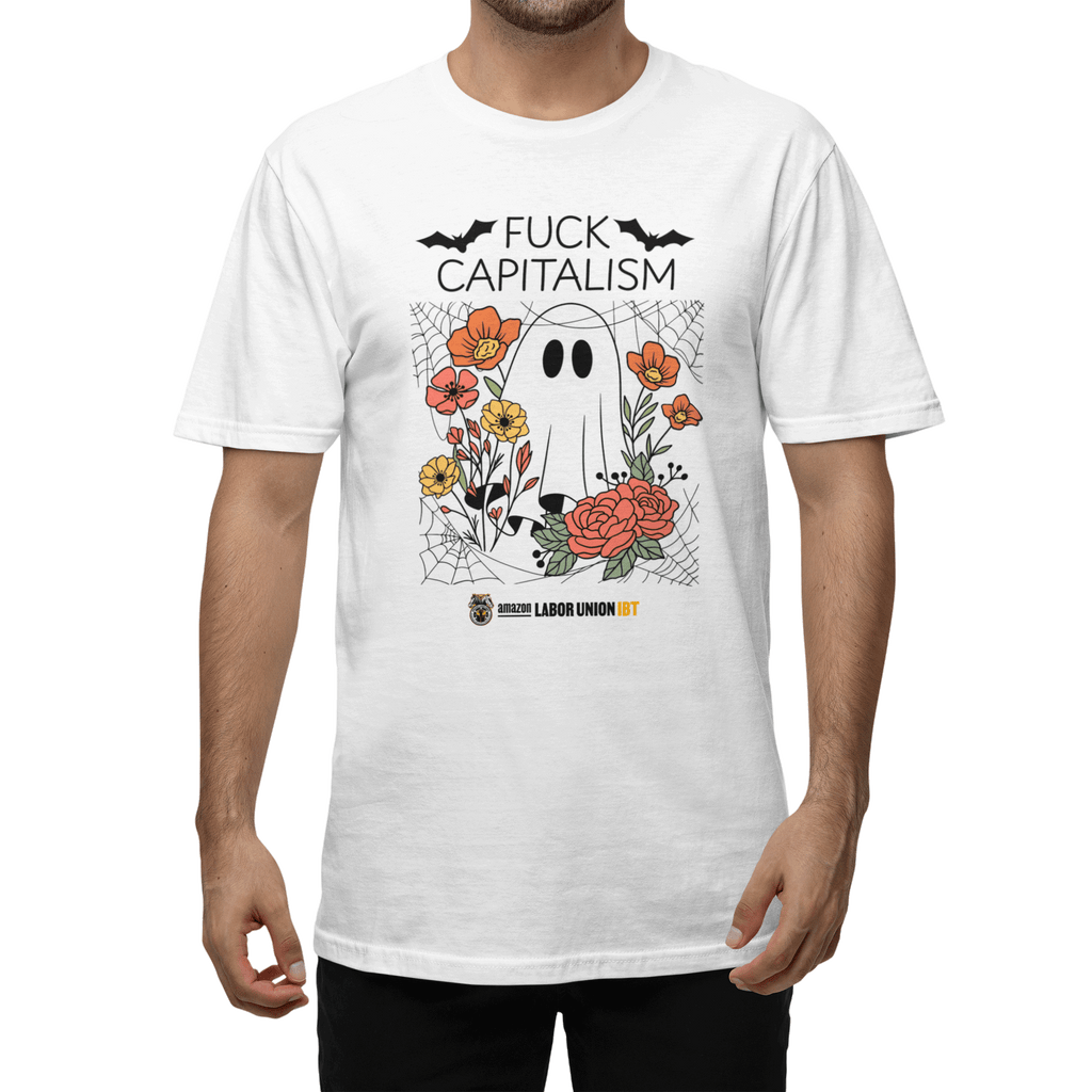 White t-shirt with graphic design and text worn by a person on a white background