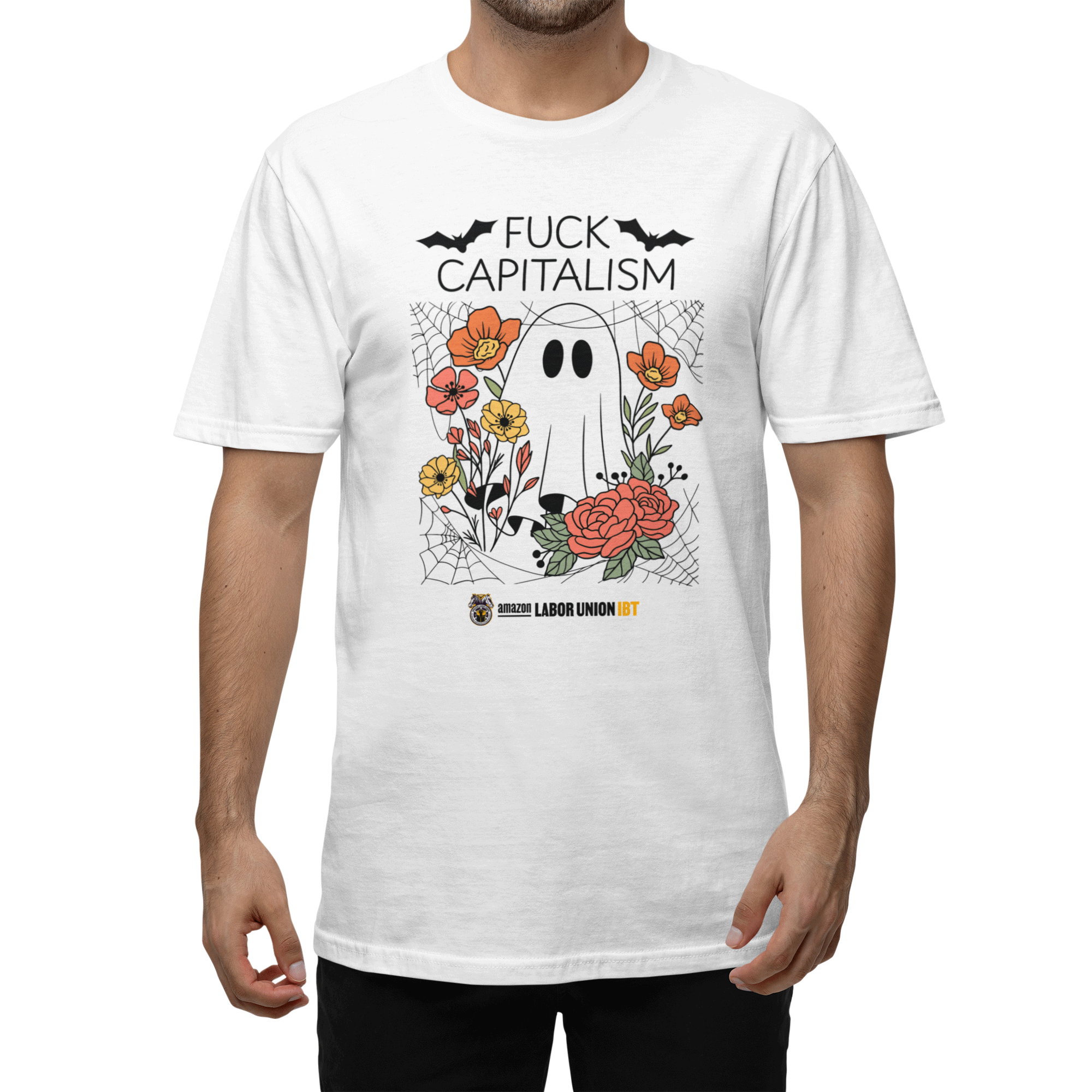 White t-shirt with graphic design and text worn by a person on a white background