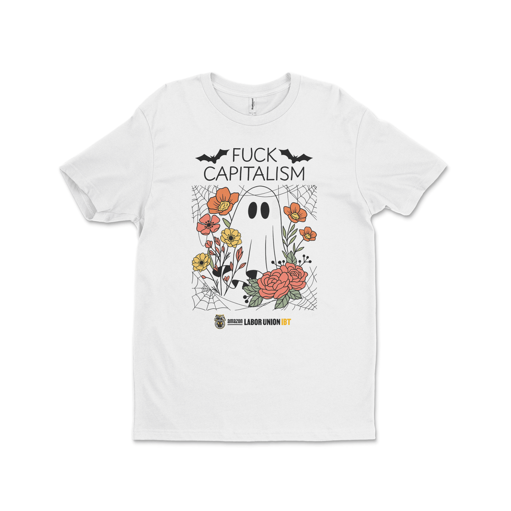 White t-shirt with a graphic design featuring a ghost, flowers, and text on a white background