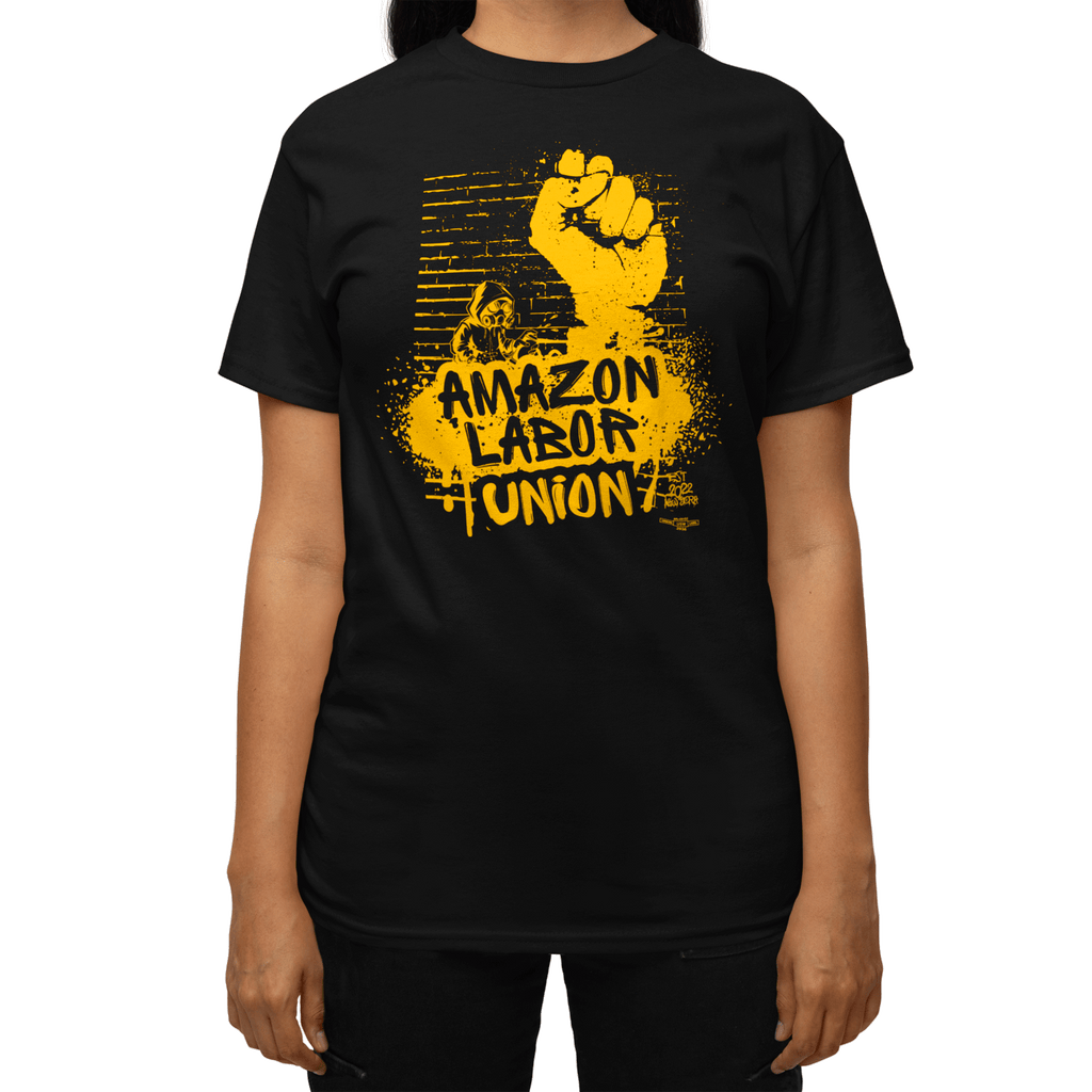 Black t-shirt with yellow graphic and text 'Amazon Labor Union' worn by a person