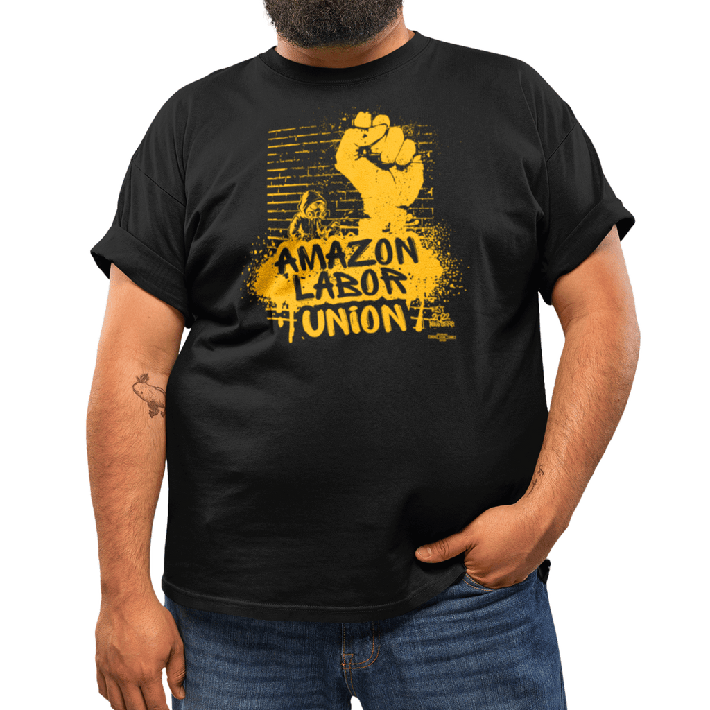 Person wearing a black t-shirt with yellow 'Amazon Labor Union' graphic