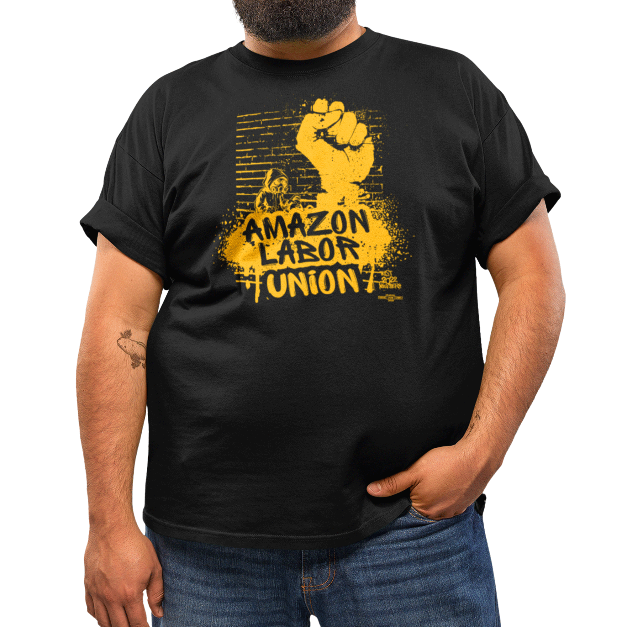 Person wearing a black t-shirt with yellow 'Amazon Labor Union' graphic