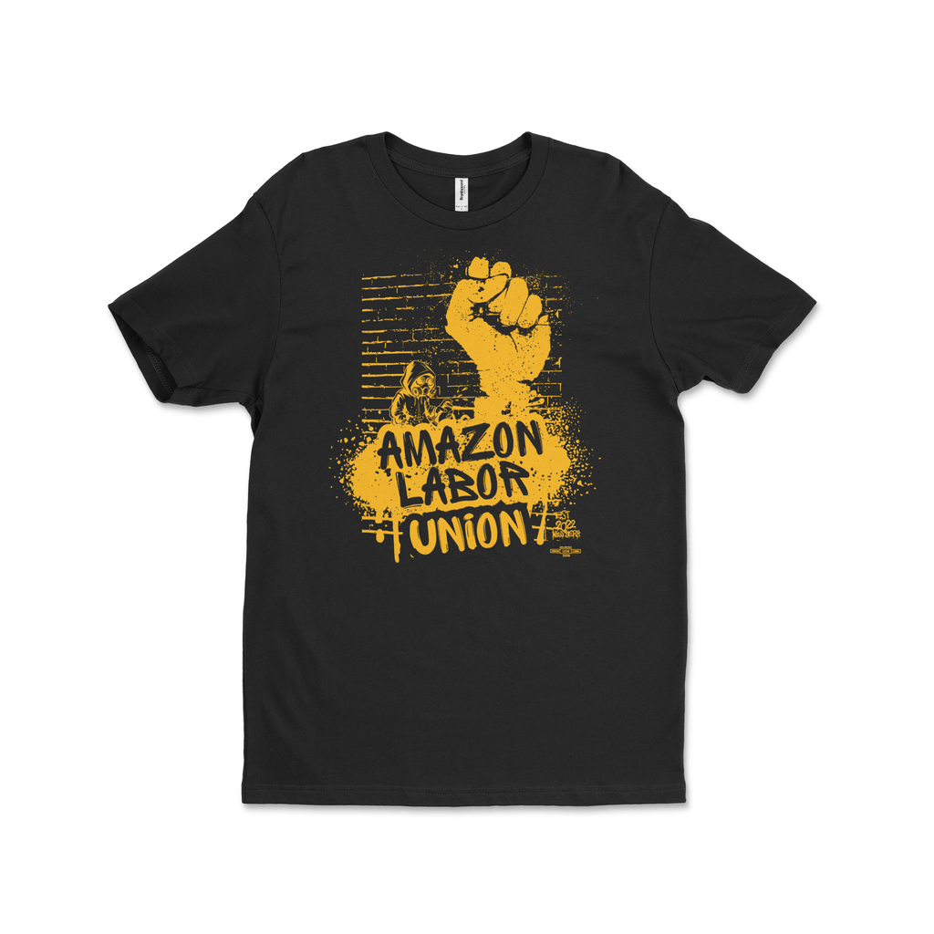 Black t-shirt with yellow graphic of a raised fist and 'Amazon Labor Union' text on a white background