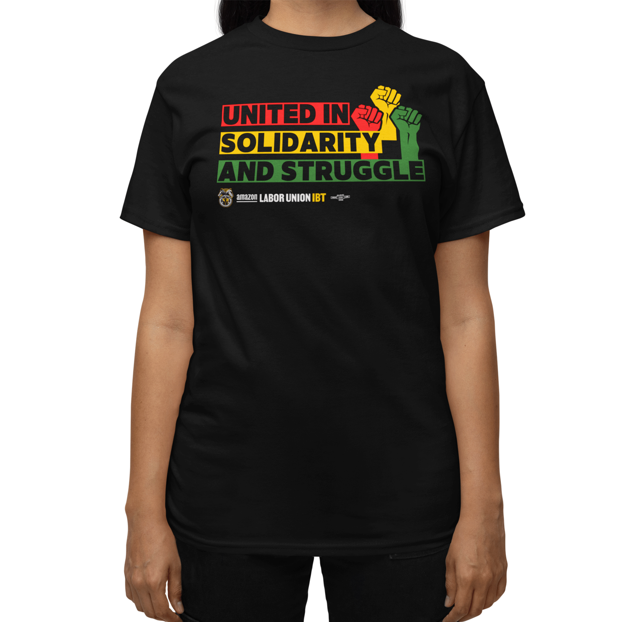 Black t-shirt with colorful text and graphic on a white background