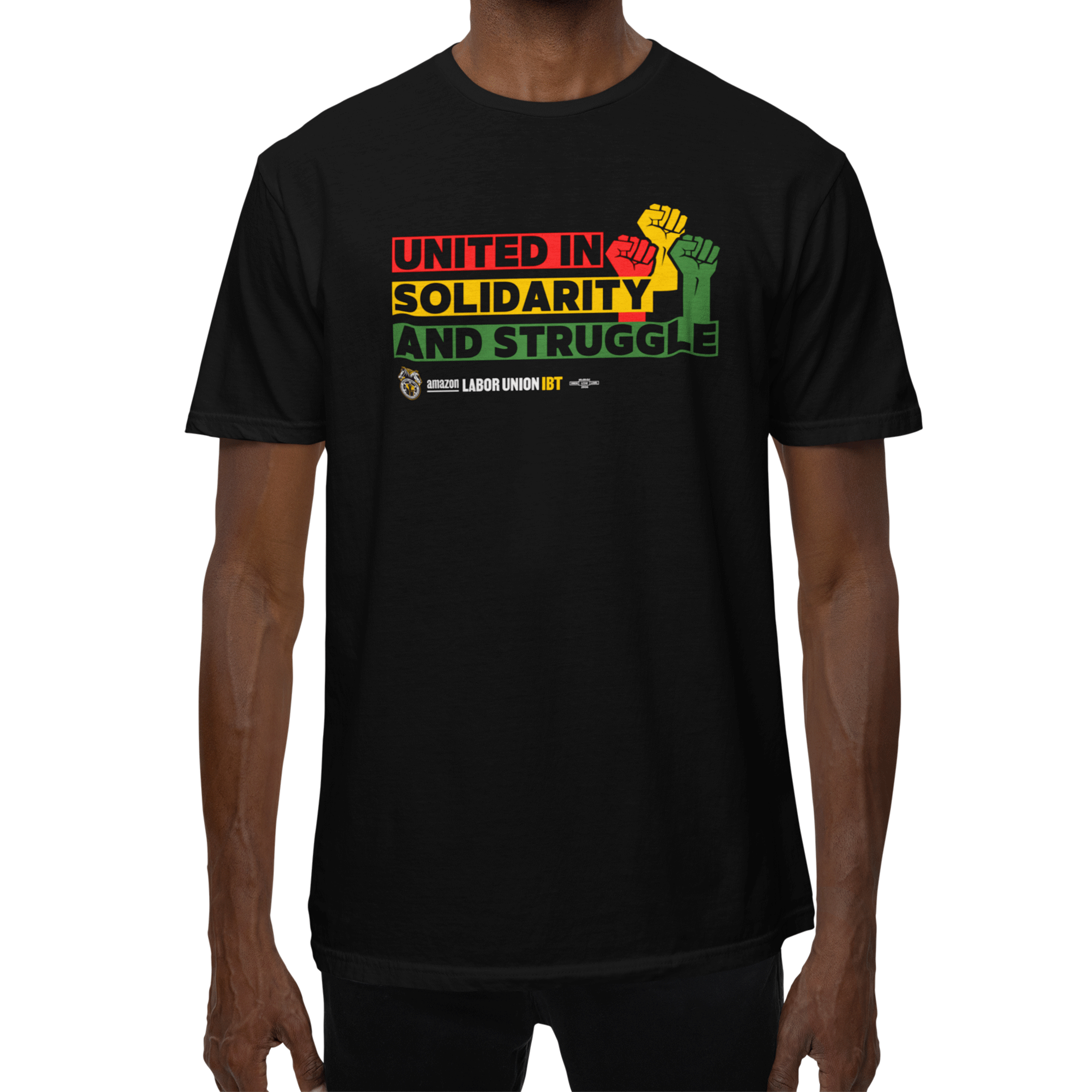 Black t-shirt with 'United in Solidarity and Struggle' text and fist graphic on a white background