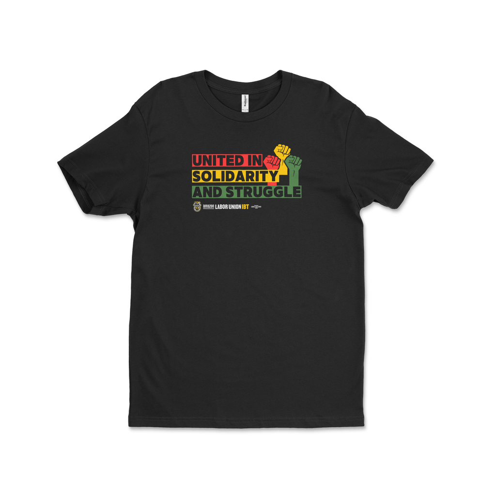 Black t-shirt with colorful graphic and text on a white background