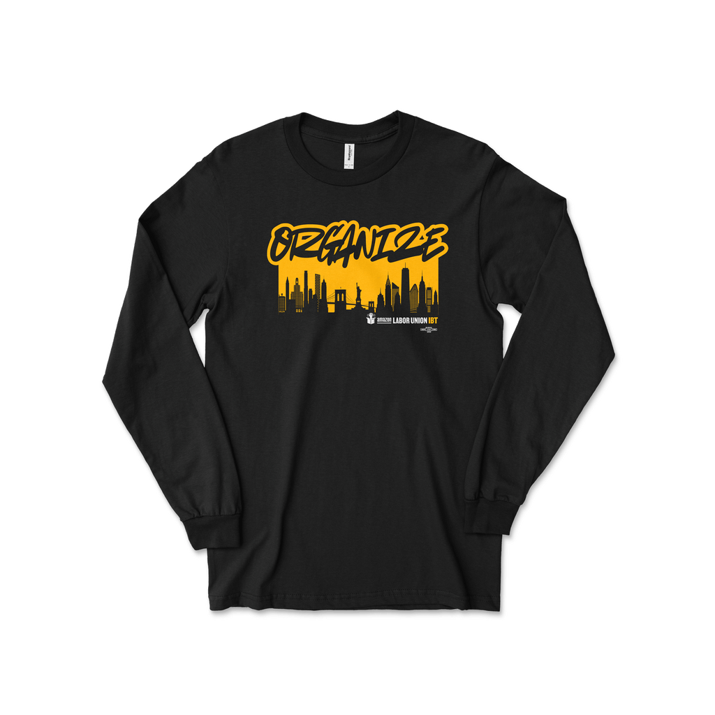 Black long-sleeve shirt with yellow graphic design on a white background