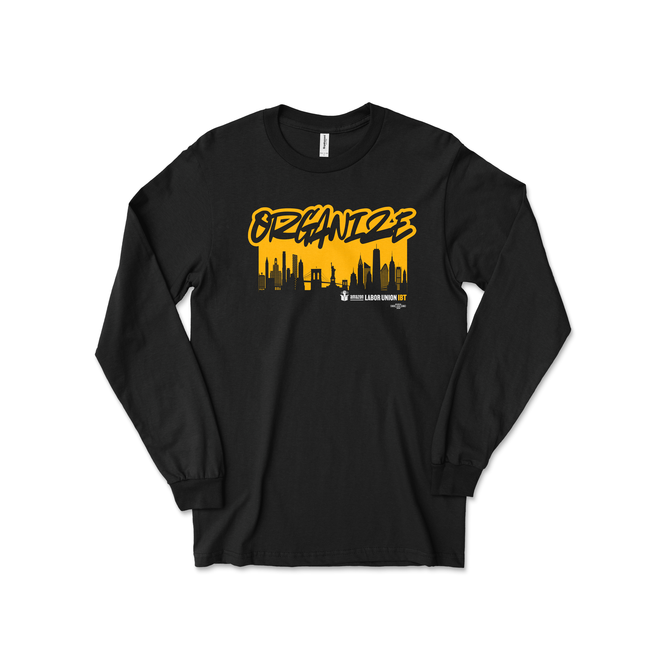 Black long-sleeve shirt with yellow graphic design on a white background