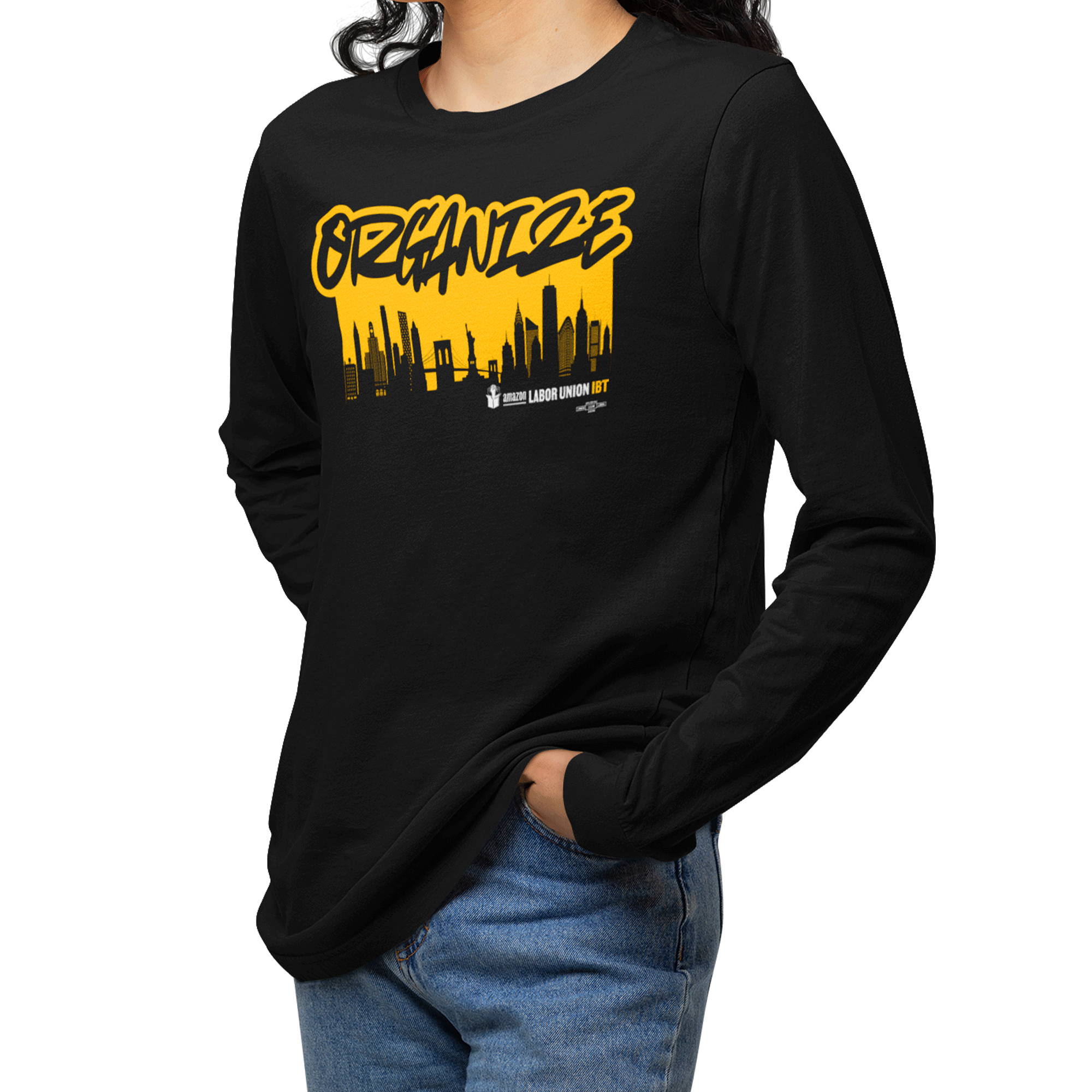 Black long-sleeve shirt with yellow graphic design on a white background