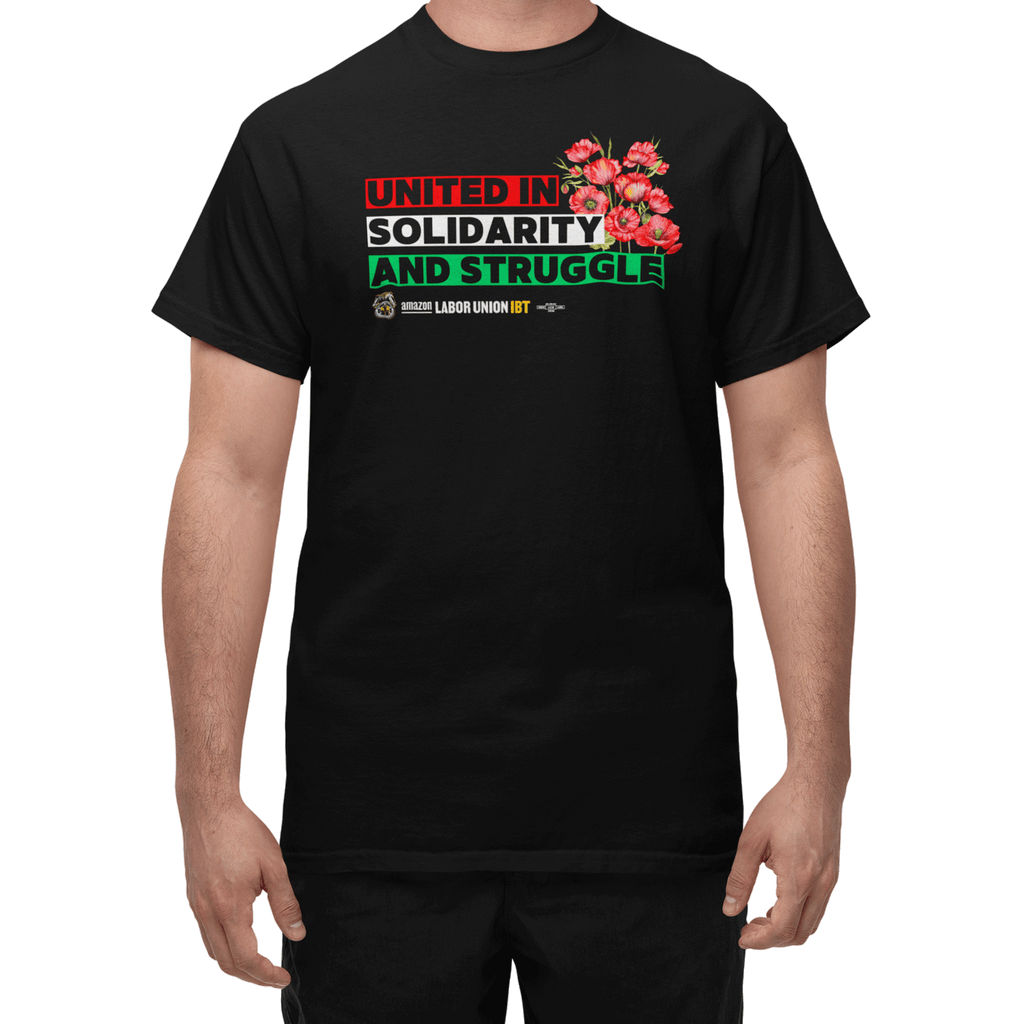 Black t-shirt with text and floral design on a white background