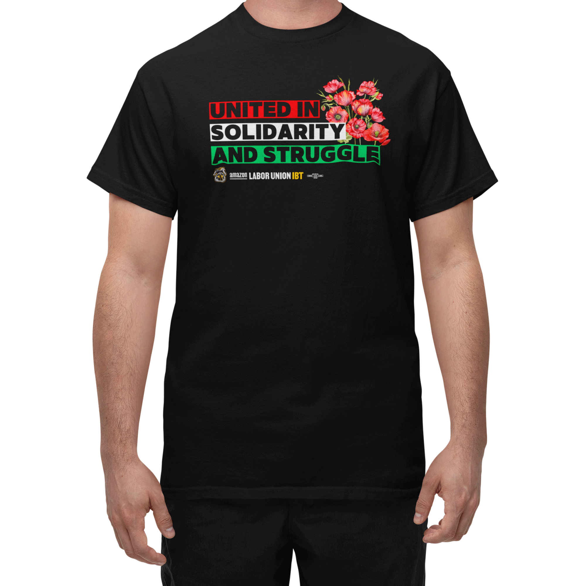 Black t-shirt with text and floral design on a white background