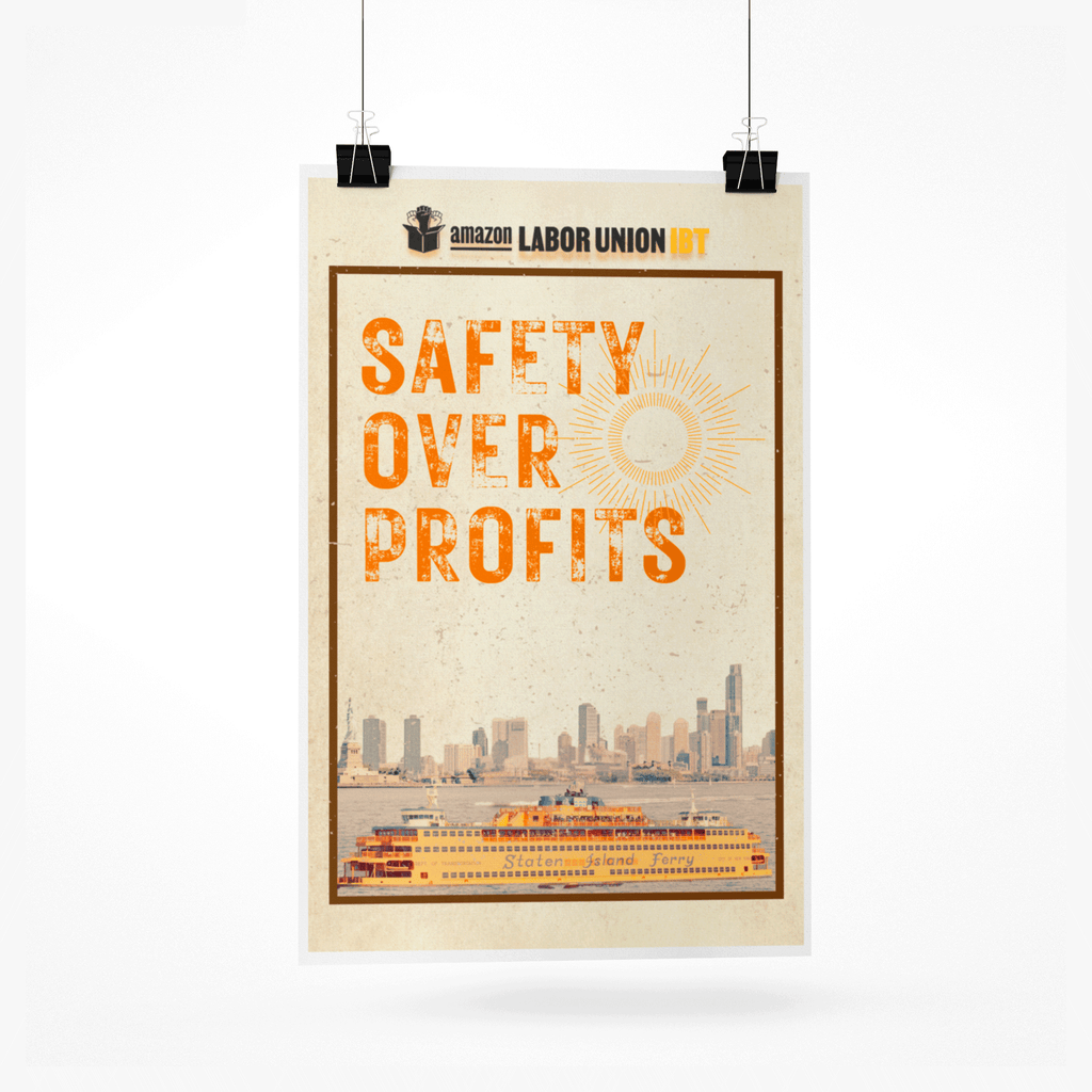 Poster with 'Safety Over Profits' text and Amazon Labor Union logo on a cityscape background.