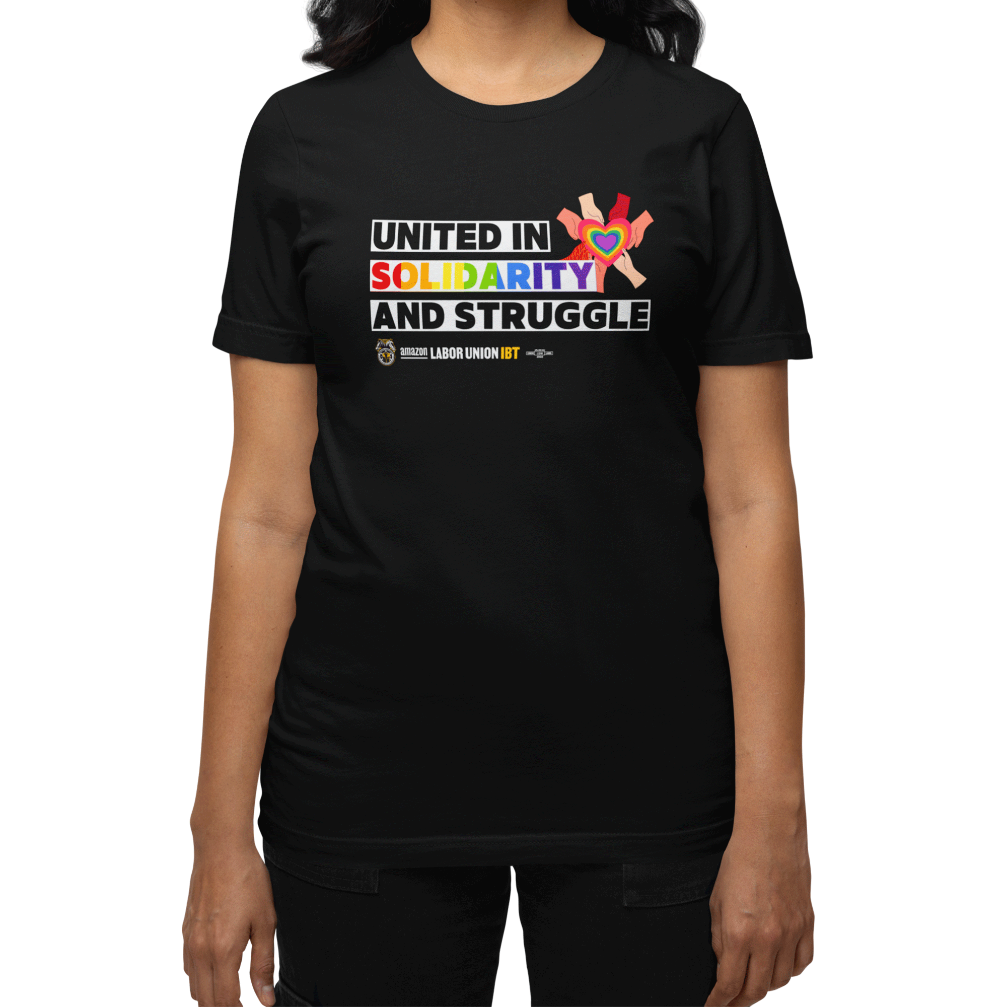 Black t-shirt with colorful text and graphics on a white background