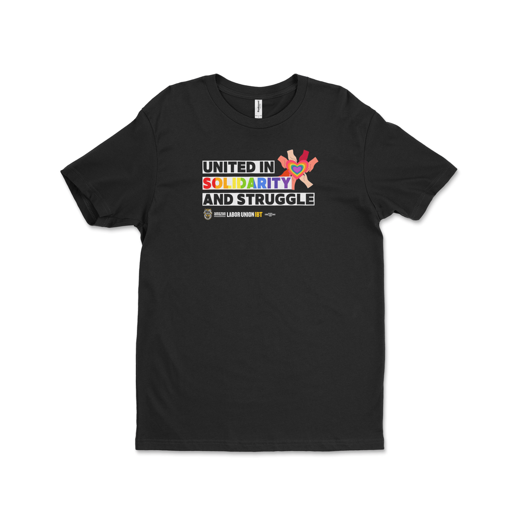 Black t-shirt with colorful graphic and text on a white background