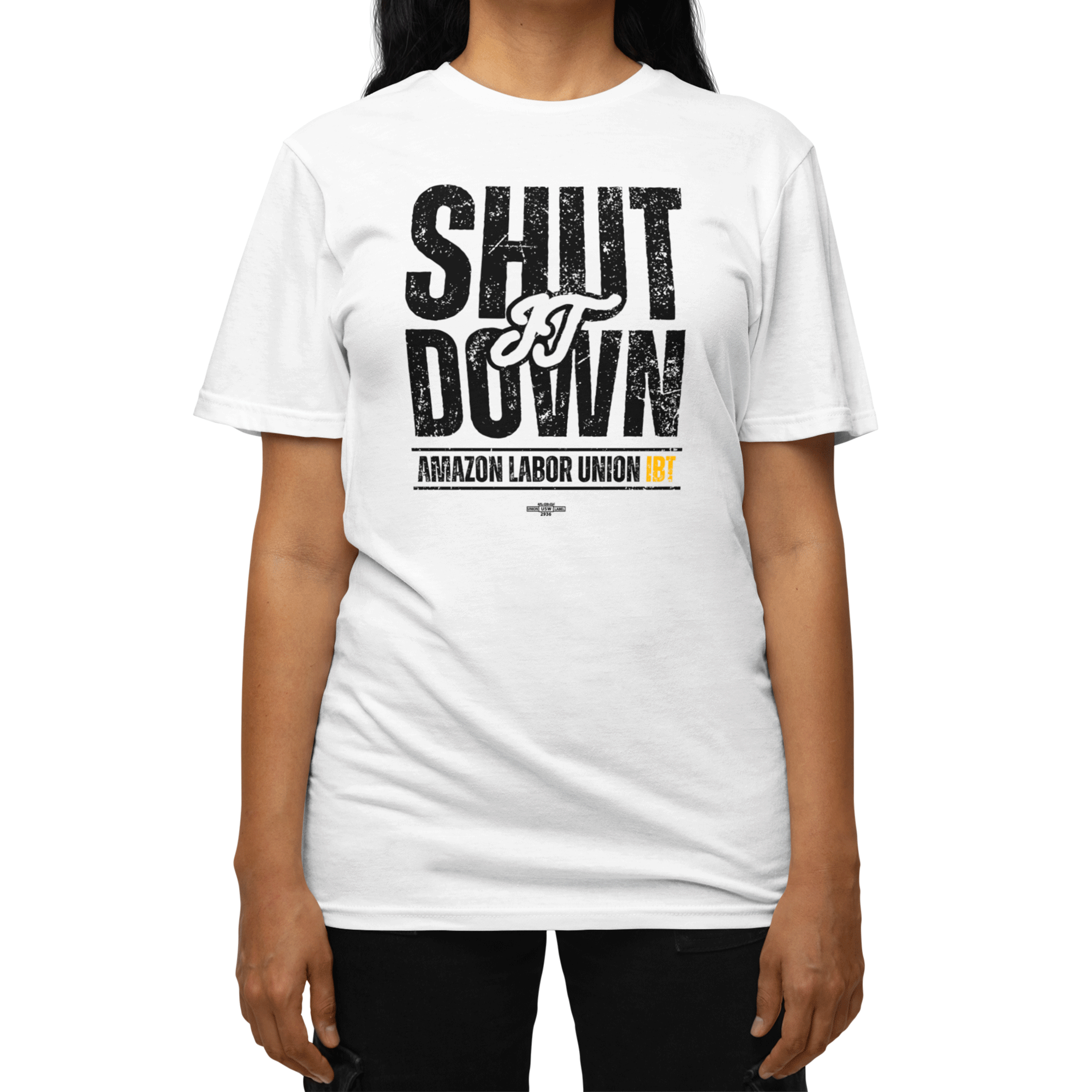 Person wearing a white t-shirt with 'SHUT IT DOWN Amazon Labor Union' text on a white background