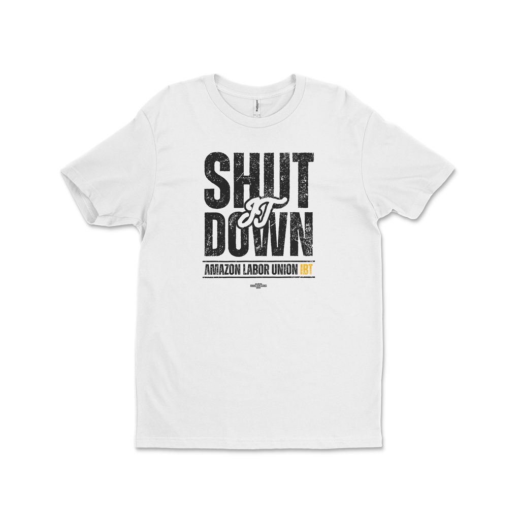 White t-shirt with 'SHUT IT DOWN' text and Amazon Labor Union logo on a white background