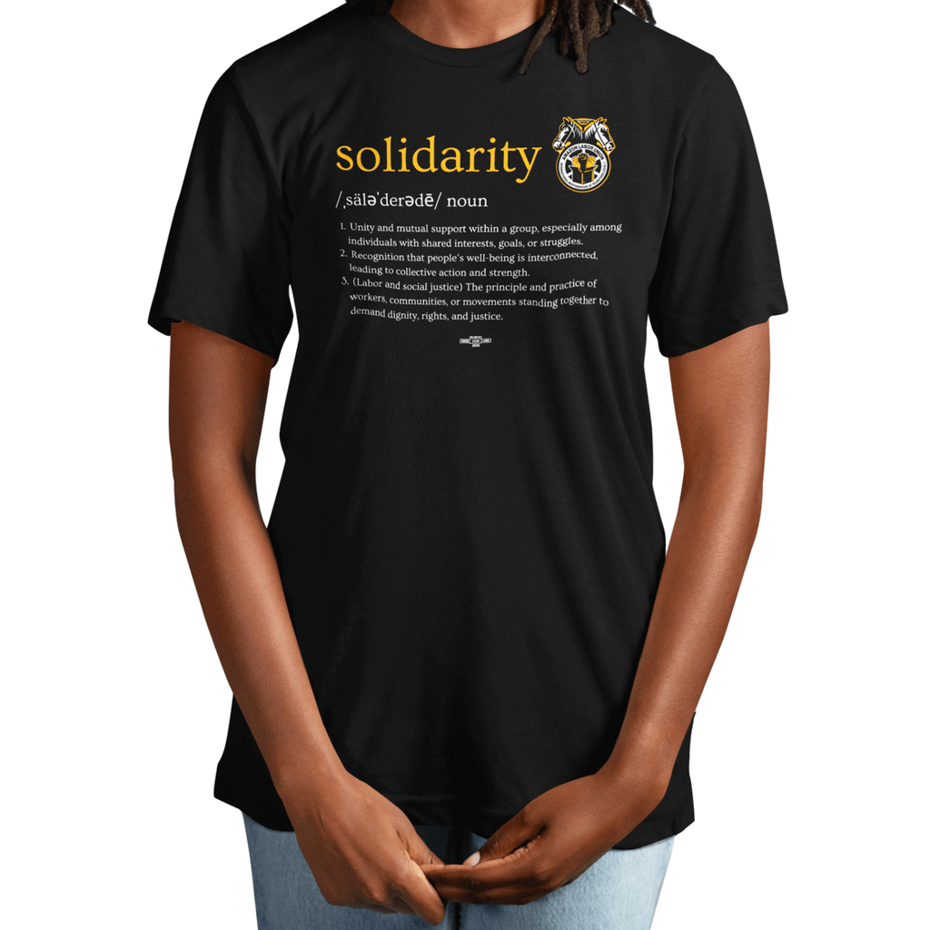 Black t-shirt with 'solidarity' definition and logo on a white background