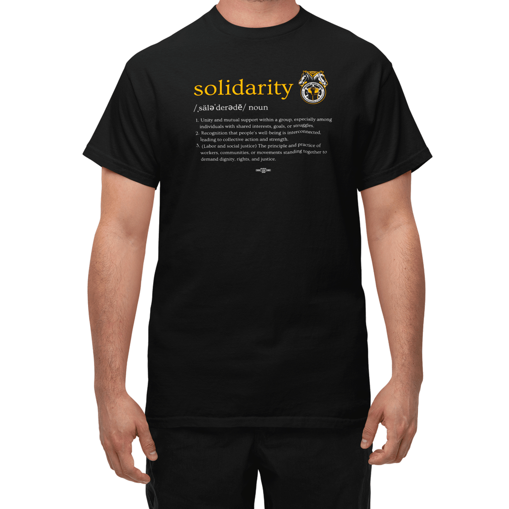 Black t-shirt with yellow and white text and graphics on a white background