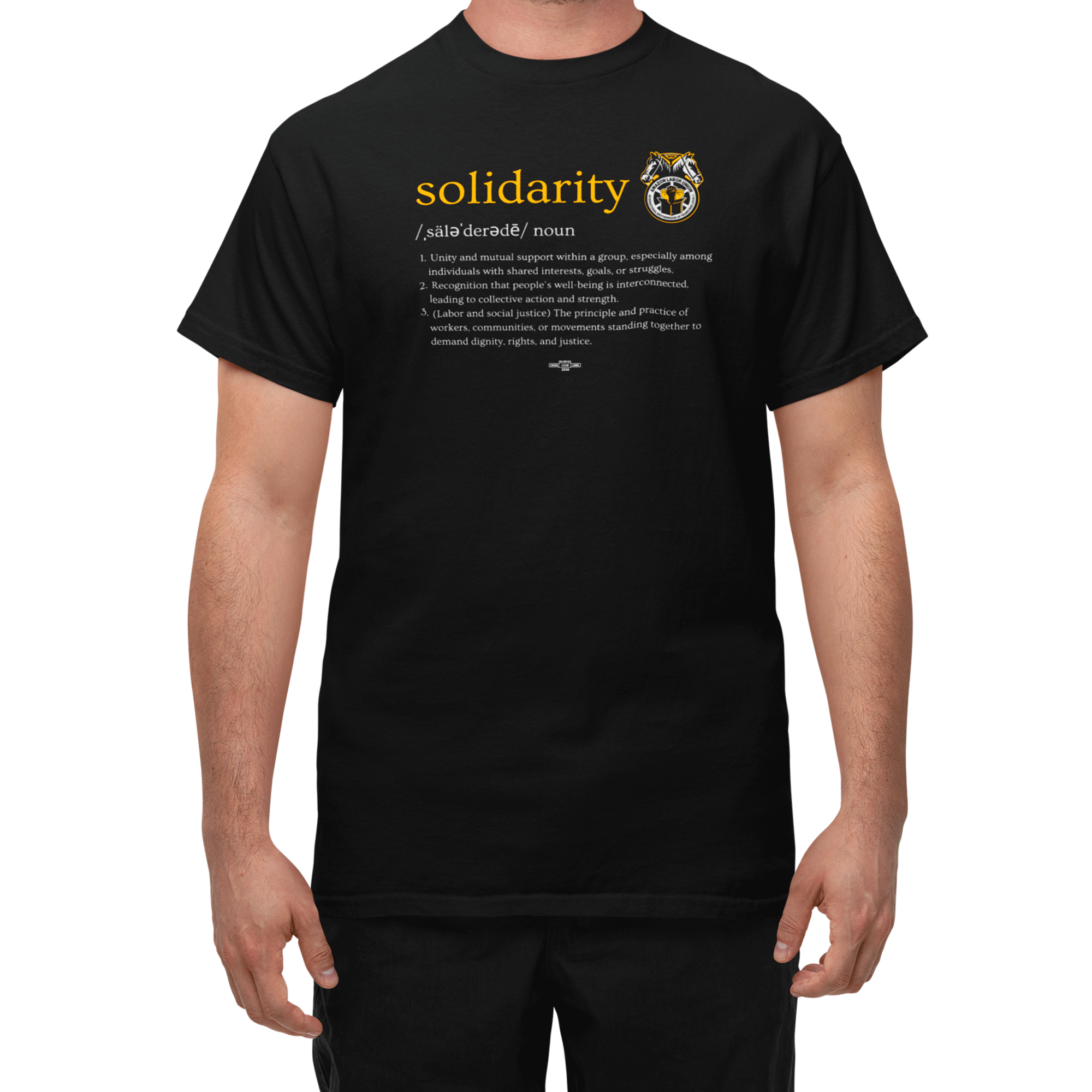 Black t-shirt with yellow and white text and graphics on a white background